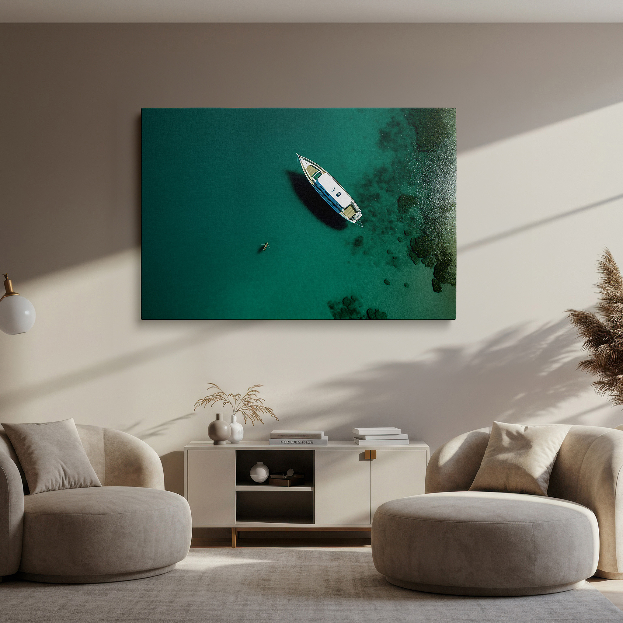 Bold and expansive at 90×60 cm — ideal for making a statement above large furniture — serene solitude: aerial view of a lone boat in a tropical cove - large wall art, canvas wall art, wall decor for office and bedroom