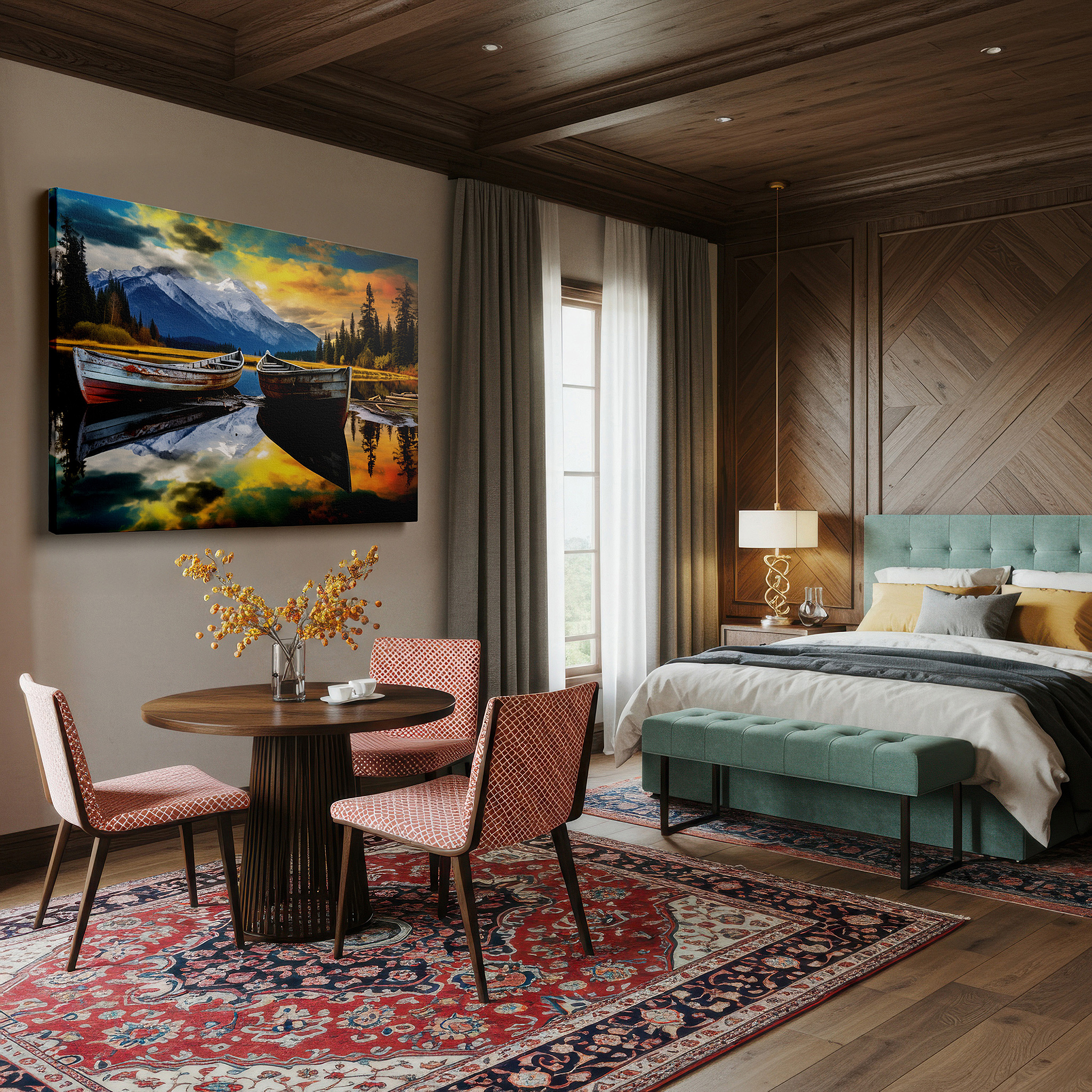 Bold and expansive at 90×60 cm — ideal for making a statement above large furniture — serene sunset boats on a mountain lake canvas print: large wall art depicting nature's grandeur and inner peace for home and office decor