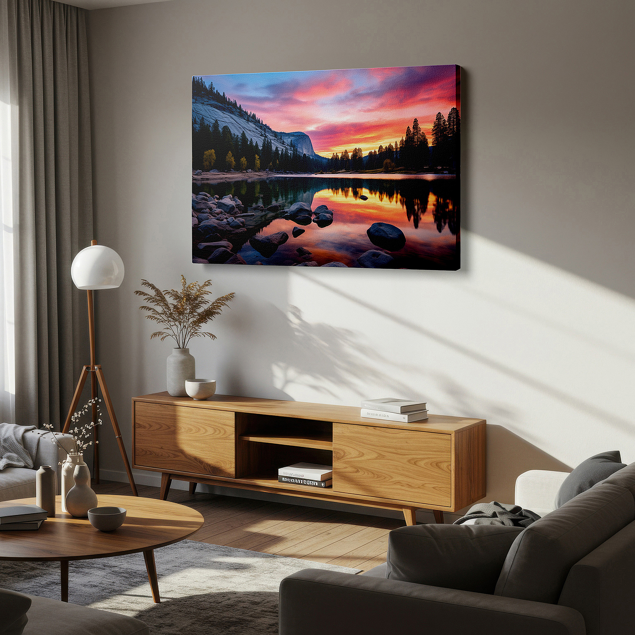Bold and expansive at 90×60 cm — ideal for making a statement above large furniture — serene sunset over majestic rocks and calm lake wall art: large canvas for office, bedroom, and living room decor