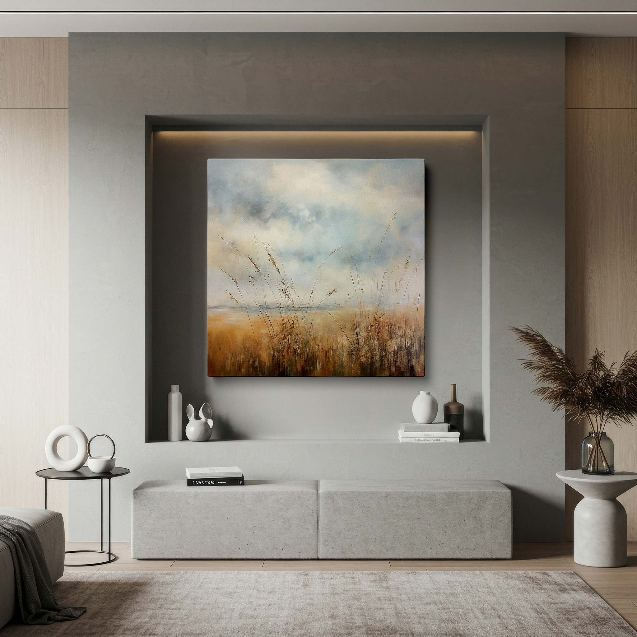 Bold and expansive at 90×60 cm — ideal for making a statement above large furniture — serene vistas of golden grasses and boundless azure skies: large canvas wall art for office, bedroom, and living room decor