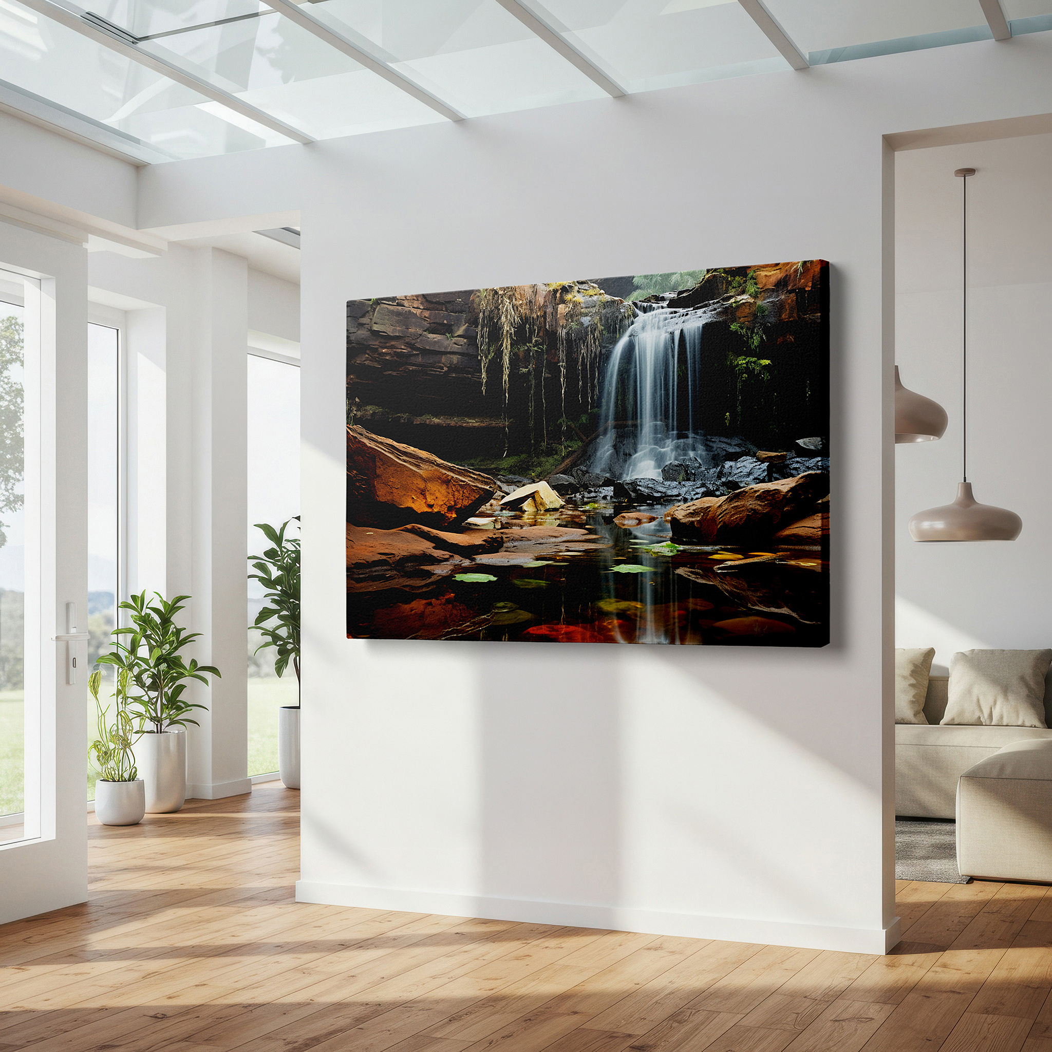 Bold and expansive at 90×60 cm — ideal for making a statement above large furniture — serene waterfall surrounded by steep cliffs and verdant foliage large wall art, canvas wall art, wall decor for office and bedroom