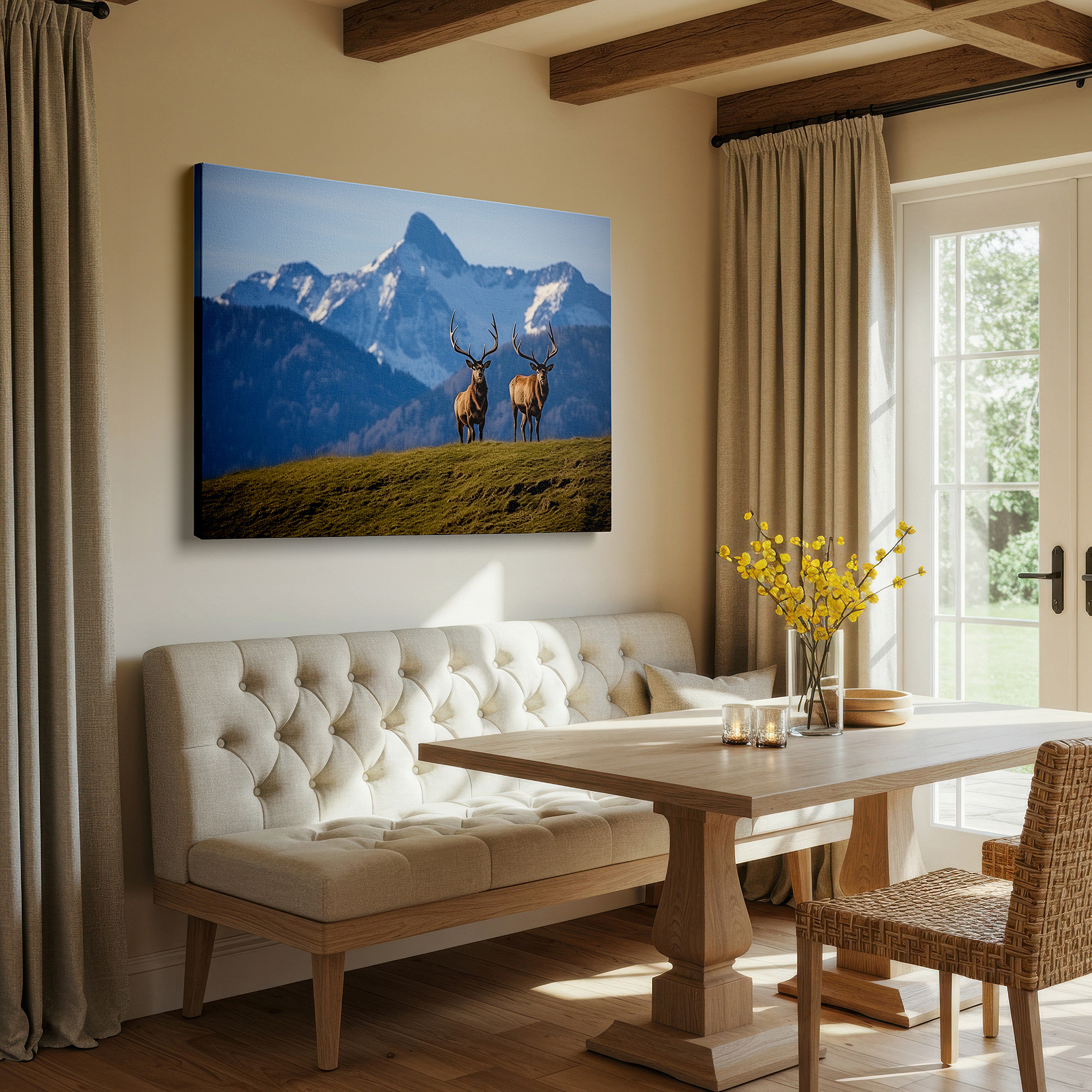 Bold and expansive at 90×60 cm — ideal for making a statement above large furniture — serene wilderness and majestic elk large canvas wall art with lush greenery and snow-capped mountains for office and bedroom decor