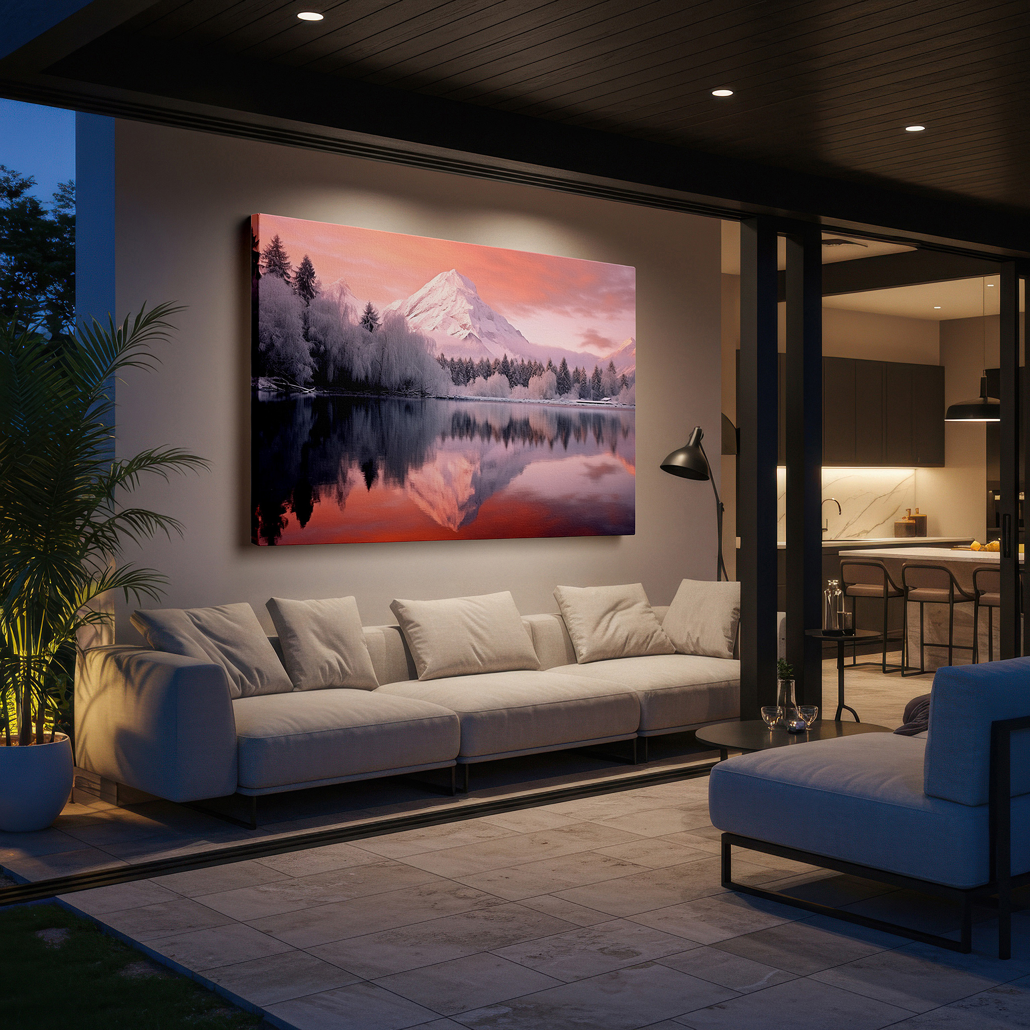 Bold and expansive at 90×60 cm — ideal for making a statement above large furniture — serene winter scene with snow-capped mountains and reflective lake - large canvas wall art for office and bedroom decor