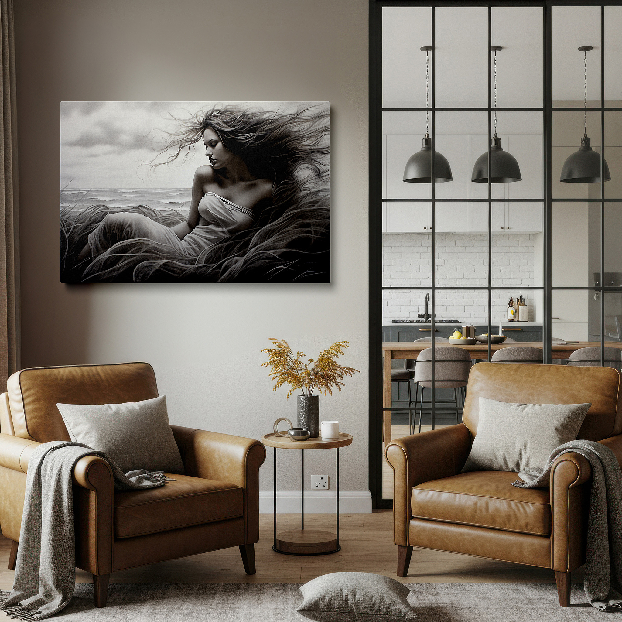 Bold and expansive at 90×60 cm — ideal for making a statement above large furniture — serene woman with flowy hair in calm pastels large canvas wall art for office decor