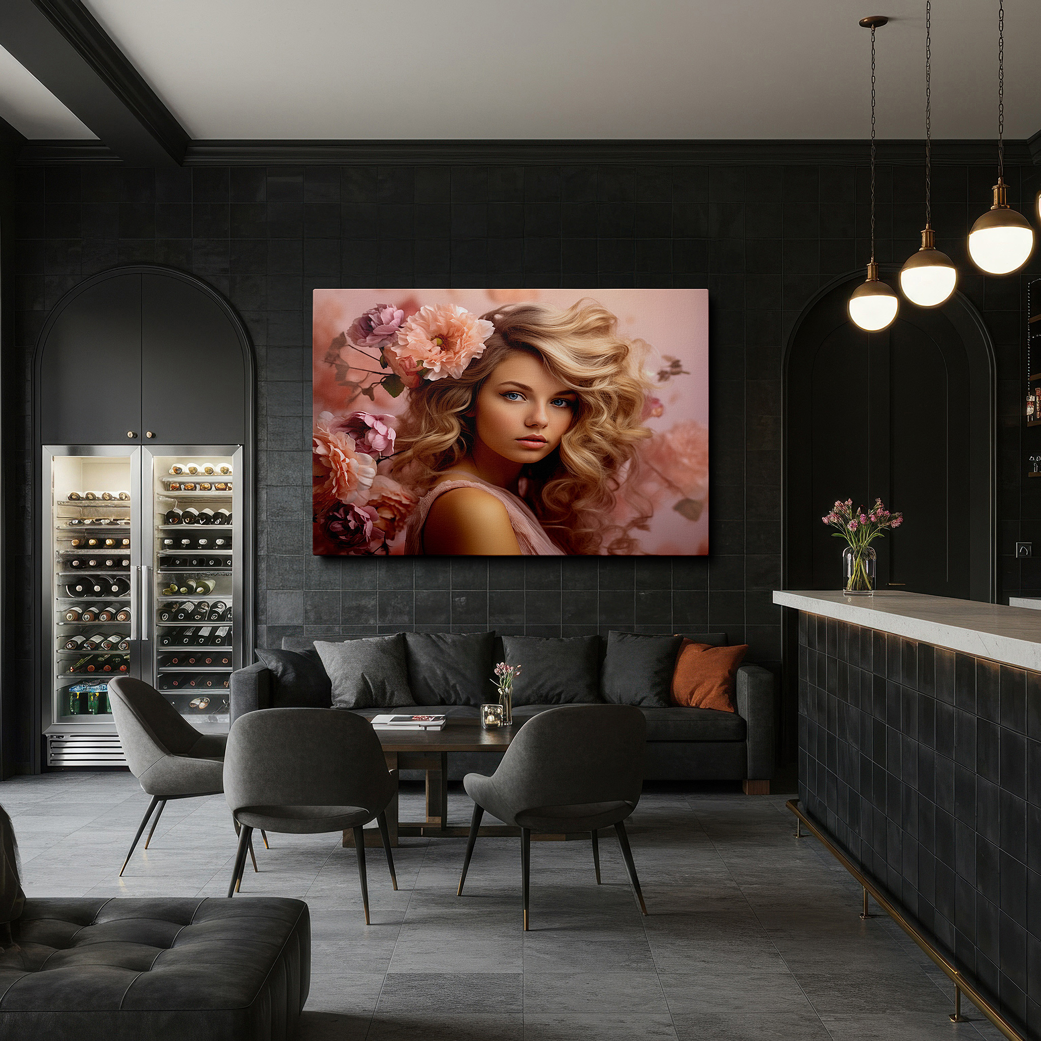 Bold and expansive at 90×60 cm — ideal for making a statement above large furniture — soft pink blossoms: a serene and tranquil portrait of feminine grace - large canvas wall art for home and office decor