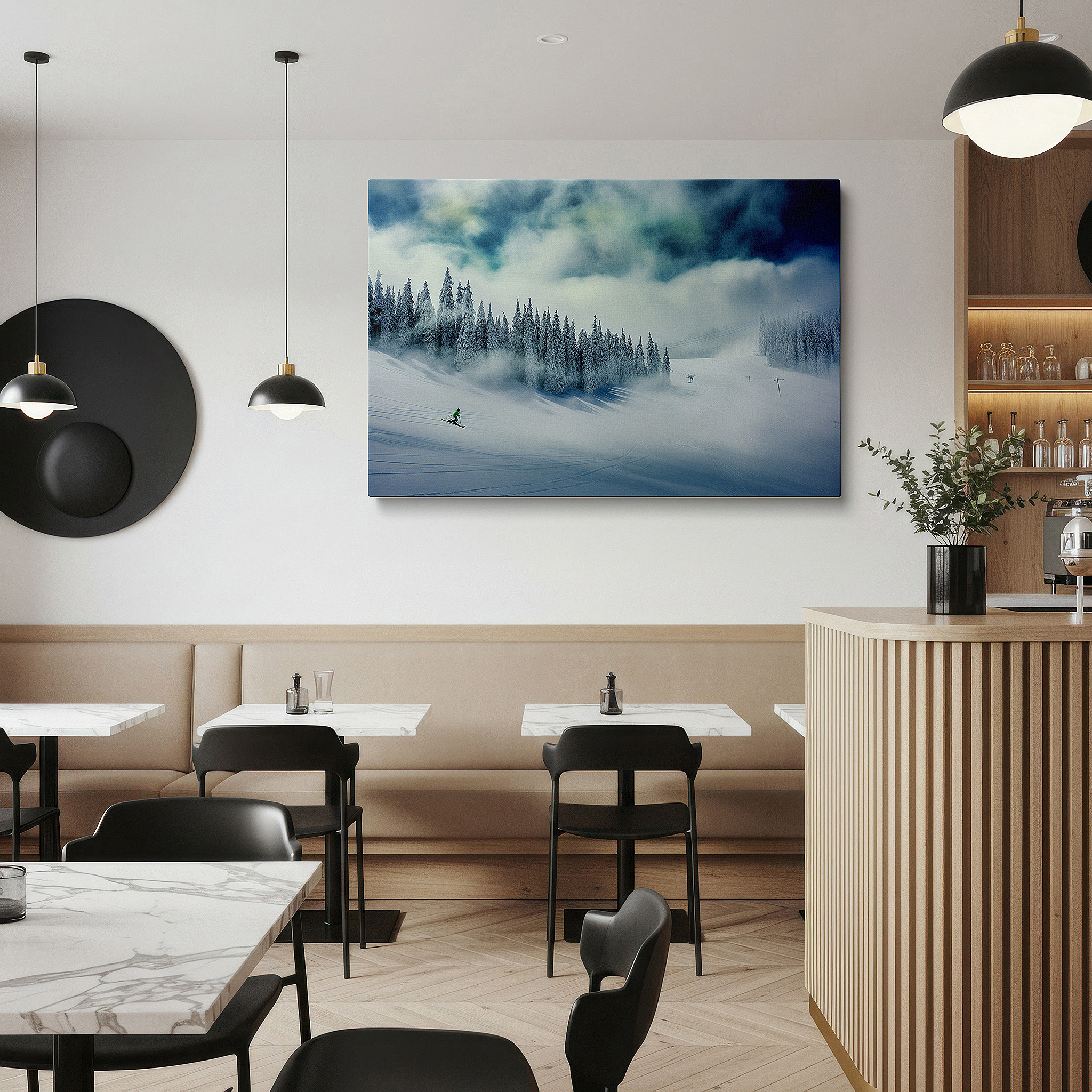 Bold and expansive at 90×60 cm — ideal for making a statement above large furniture — solo skier wall art: graceful glide through snowy serenity - large canvas for office, bedroom, or living room decor