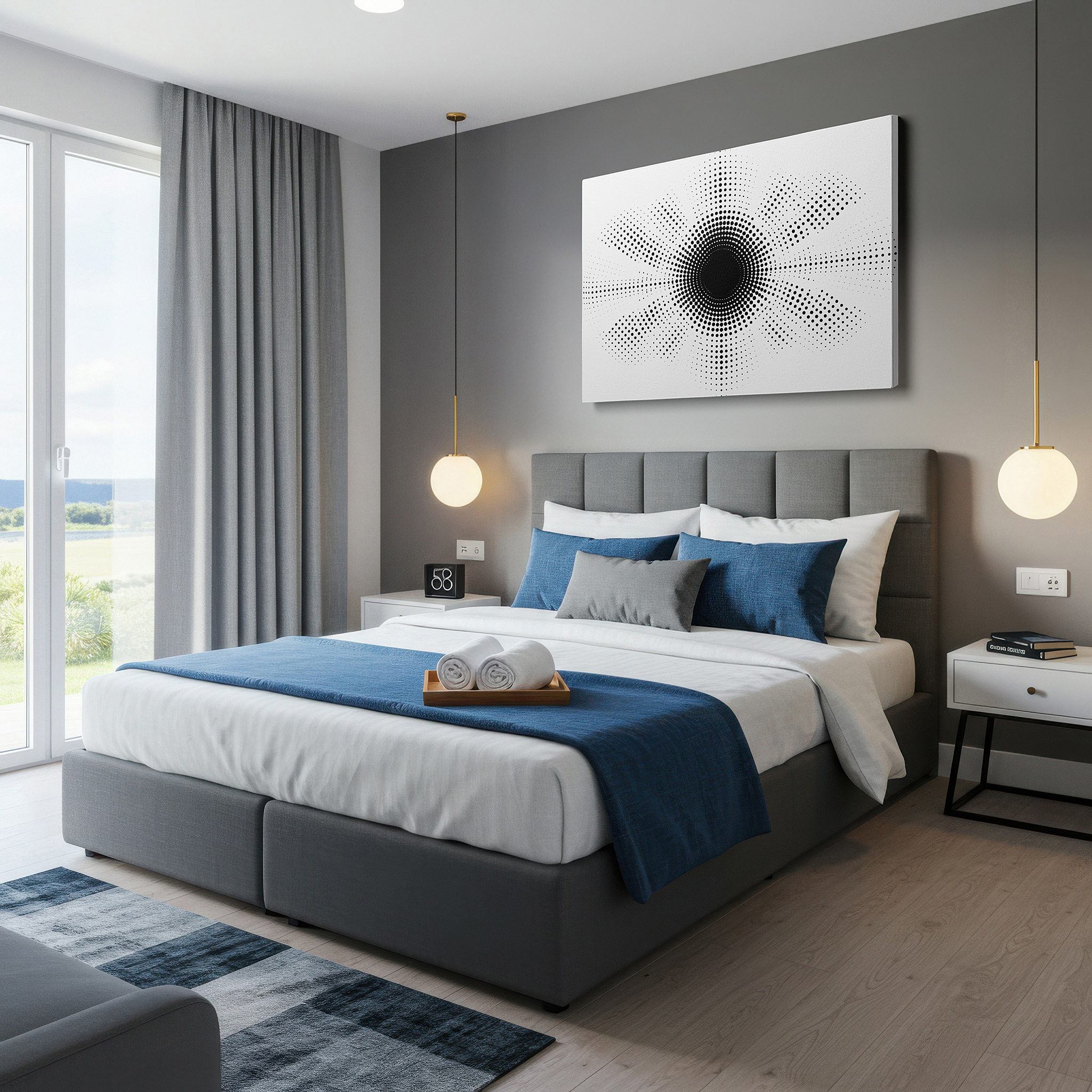 Bold and expansive at 90×60 cm — ideal for making a statement above large furniture — sophisticated black and white dot abstract large wall art, creating depth and movement, perfect for office or bedroom decor