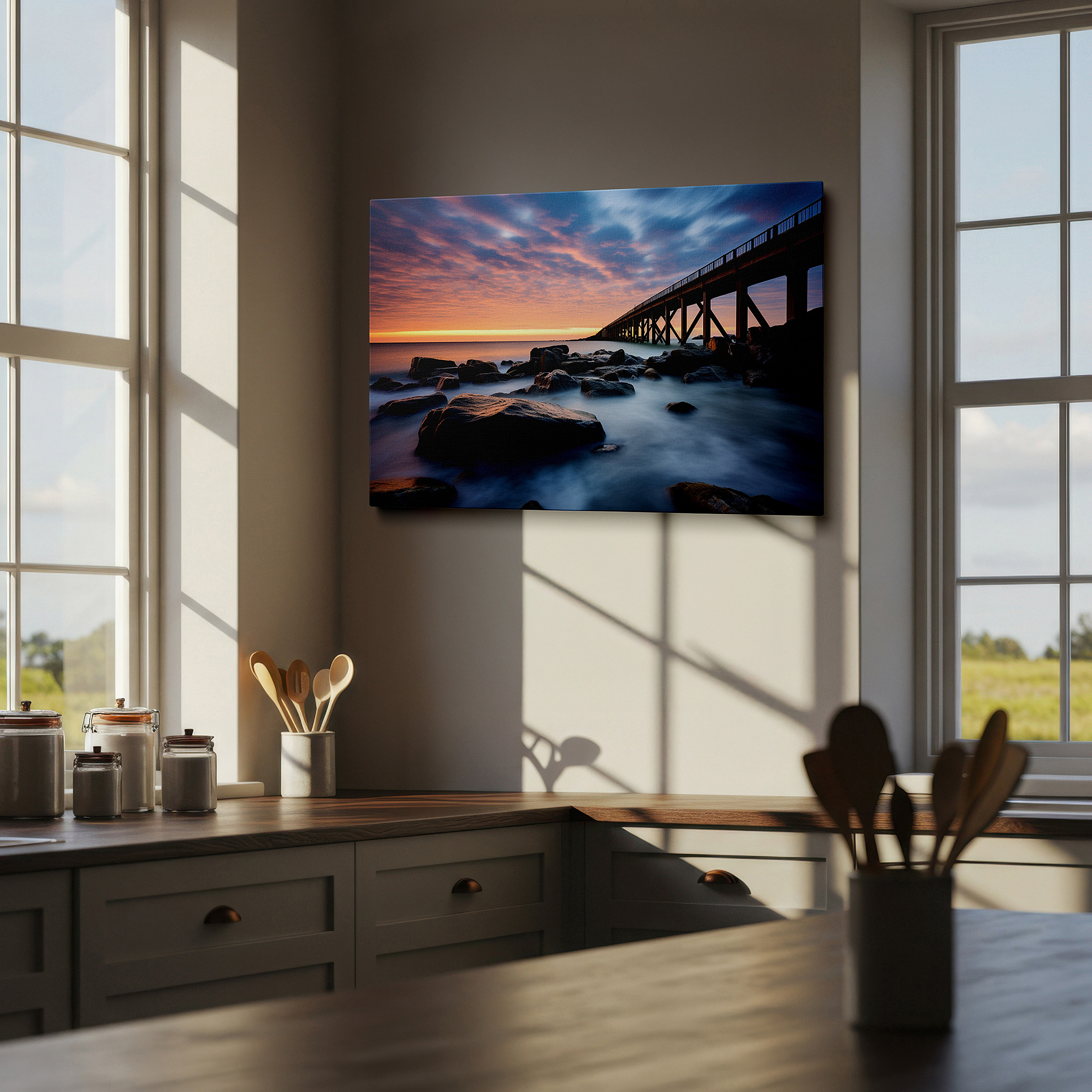 Bold and expansive at 90×60 cm — ideal for making a statement above large furniture — sunset over tranquil waters and rocky coastline with arched bridge large canvas wall art for office and bedroom decor