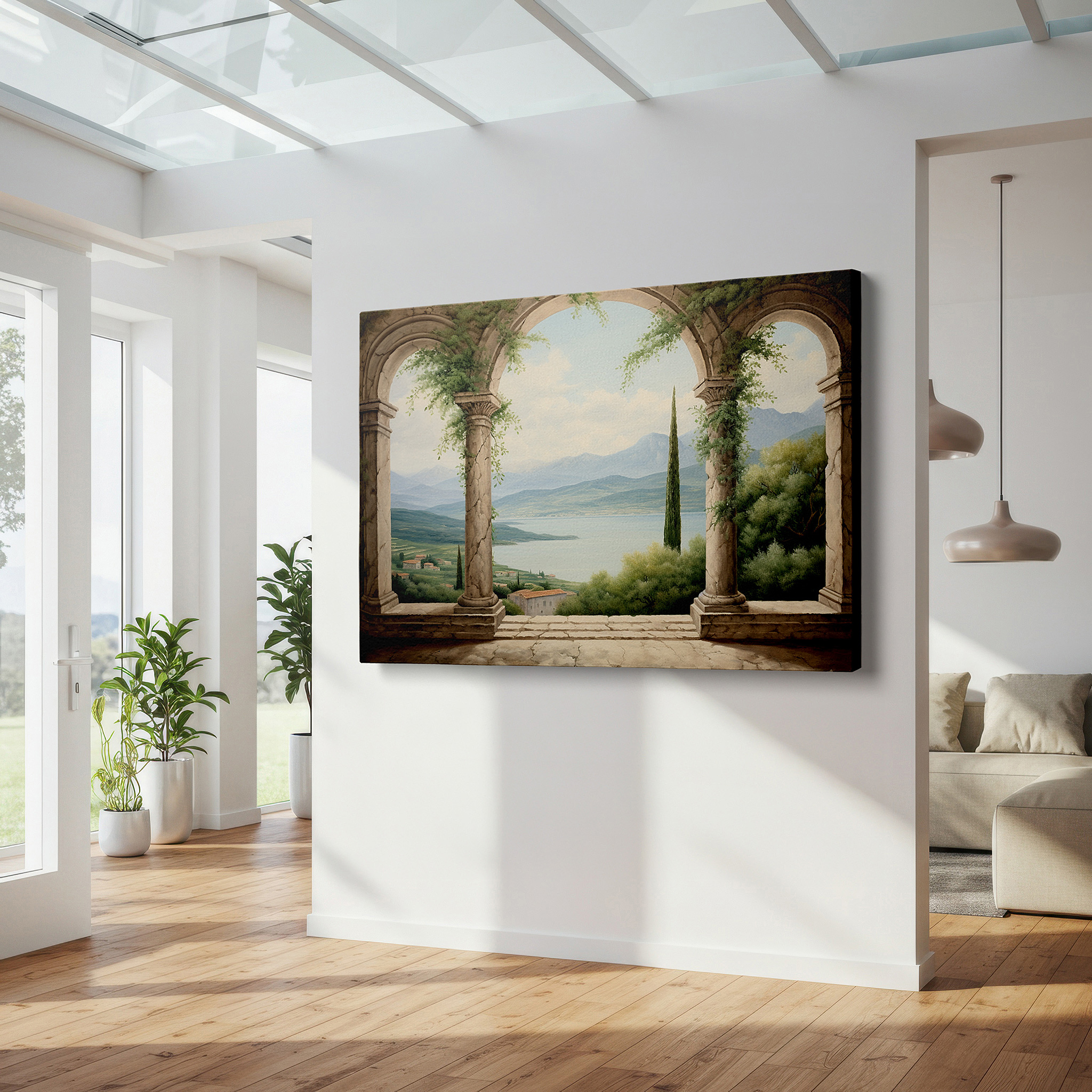 Bold and expansive at 90×60 cm — ideal for making a statement above large furniture — timeless elegance amidst serene landscapes, classical architecture canvas for tranquil reflection, large wall art, office decor