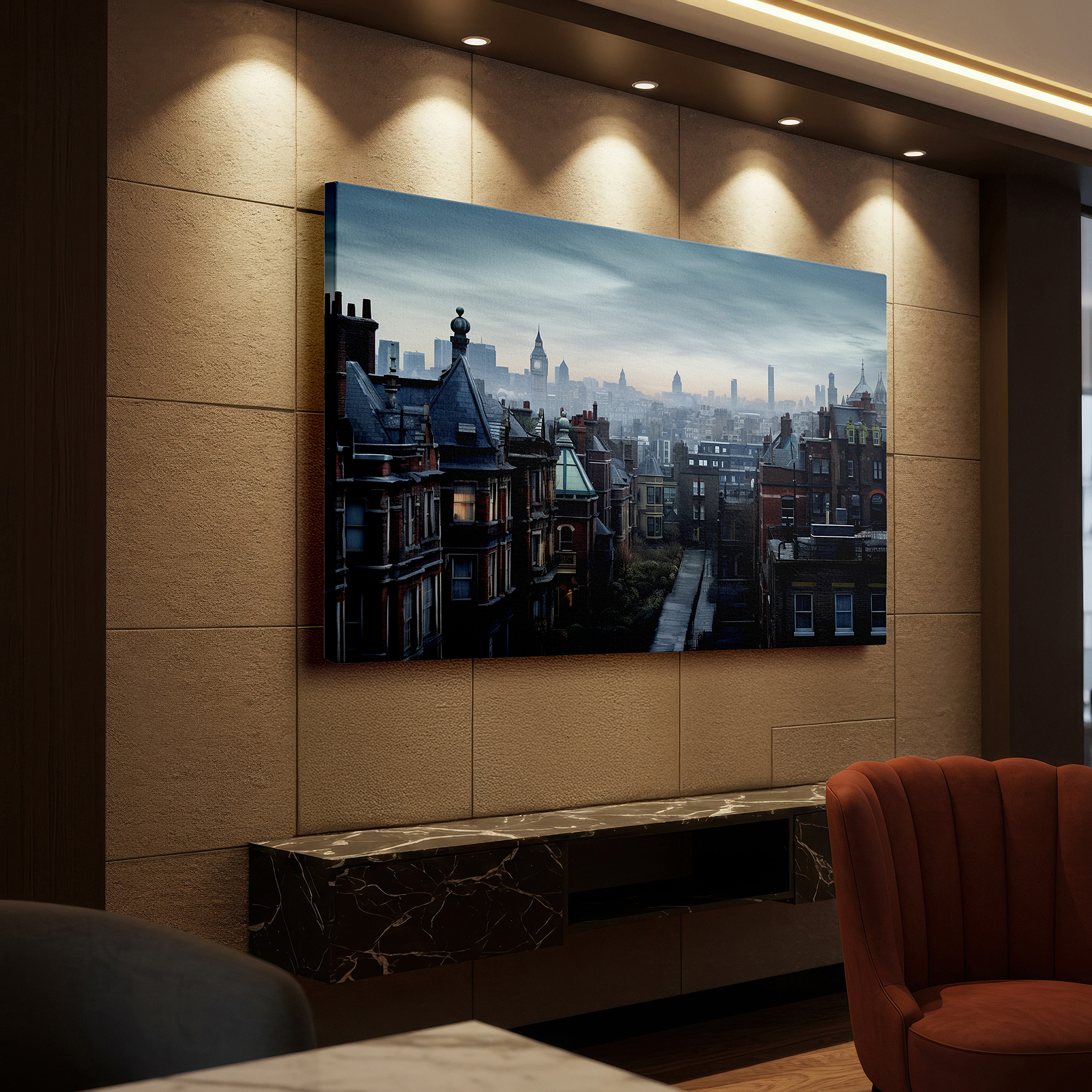 Bold and expansive at 90×60 cm — ideal for making a statement above large furniture — urban dusk: solitude and reflection cityscape - large wall art, canvas, decor for office, bedroom, and living spaces