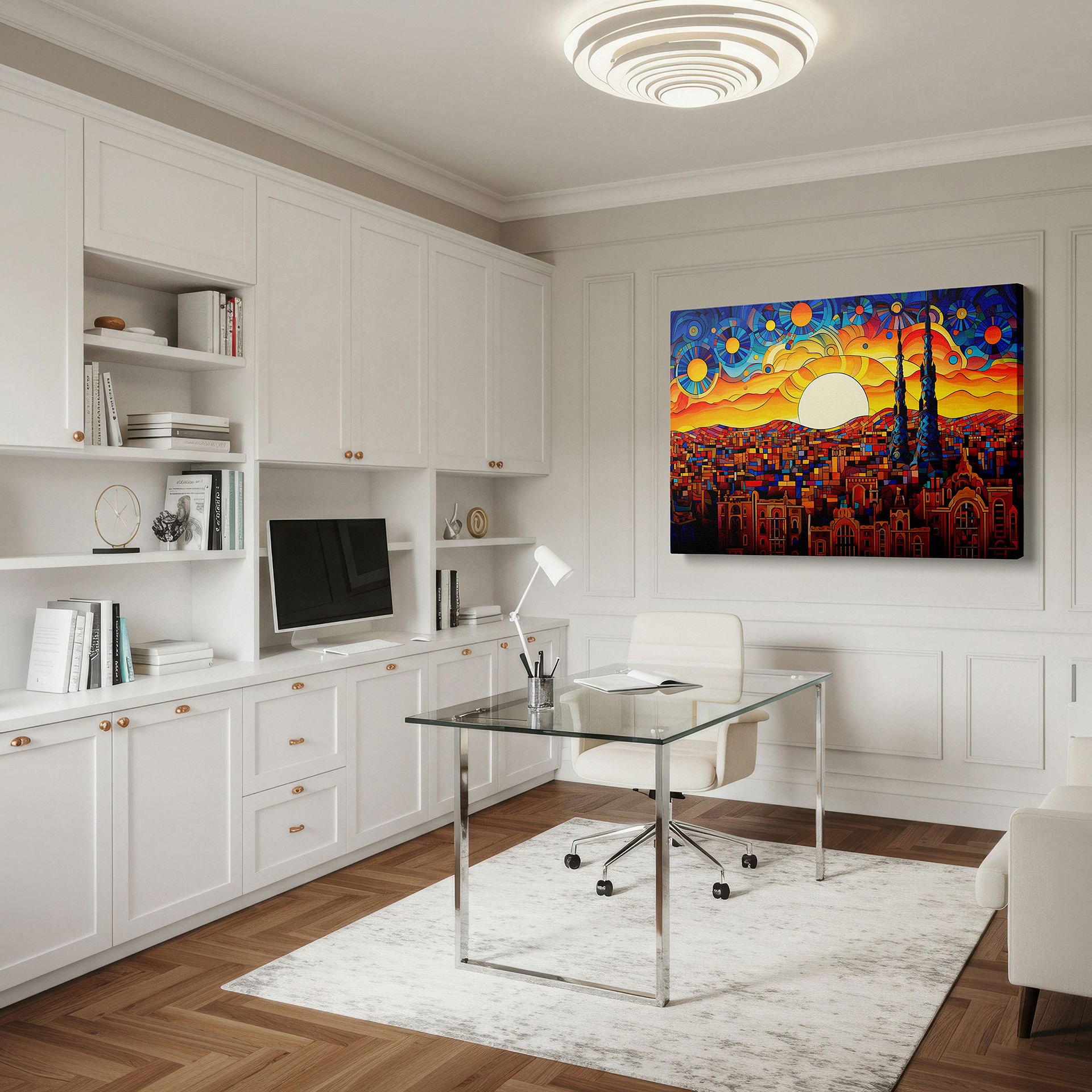 Bold and expansive at 90×60 cm — ideal for making a statement above large furniture — urban sunset in stained glass: a cityscape of light and color - large wall art, canvas wall art, wall decor for office and bedroom