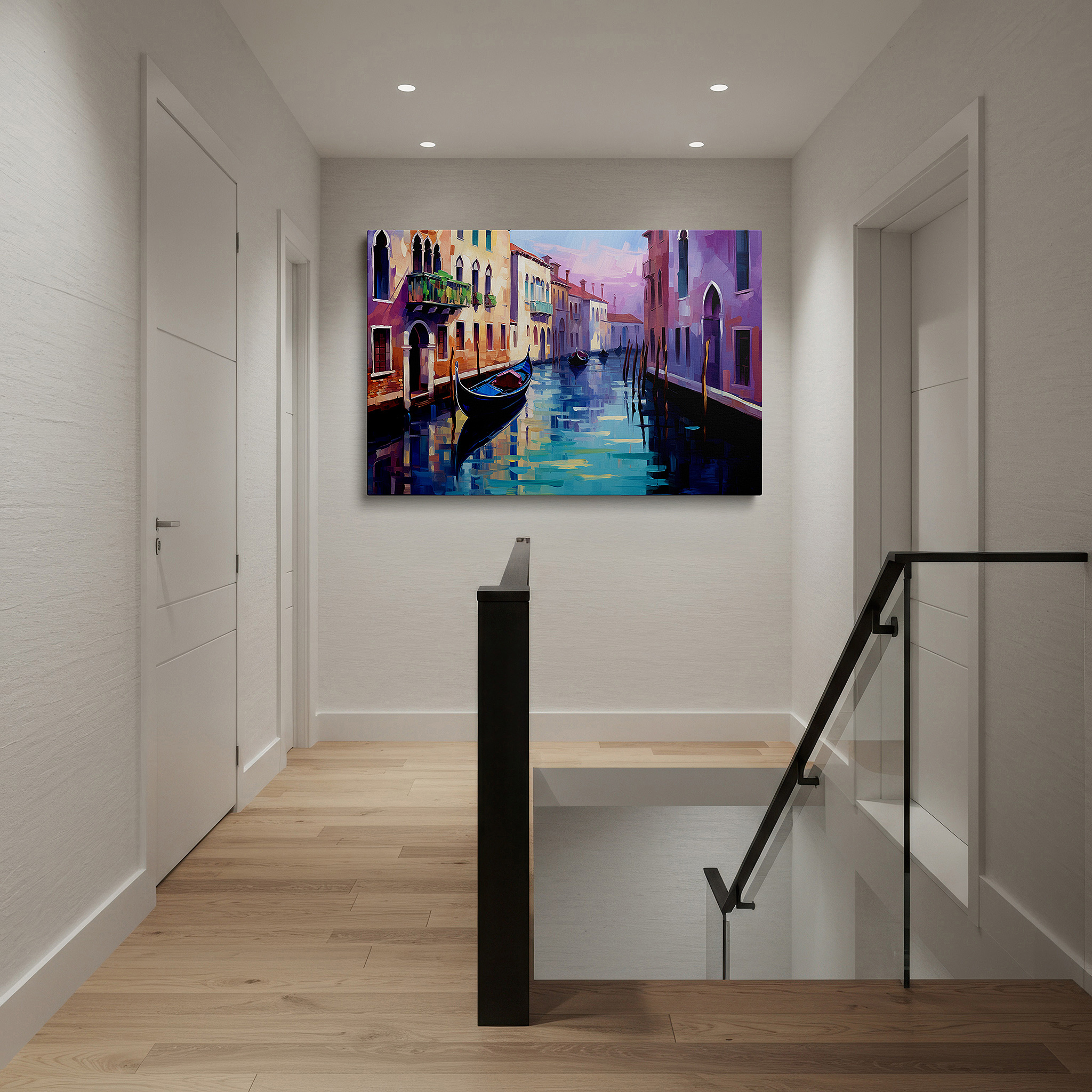 Bold and expansive at 90×60 cm — ideal for making a statement above large furniture — venetian canal scene: serene water reflections and vibrant buildings - large canvas wall art for office and bedroom decor