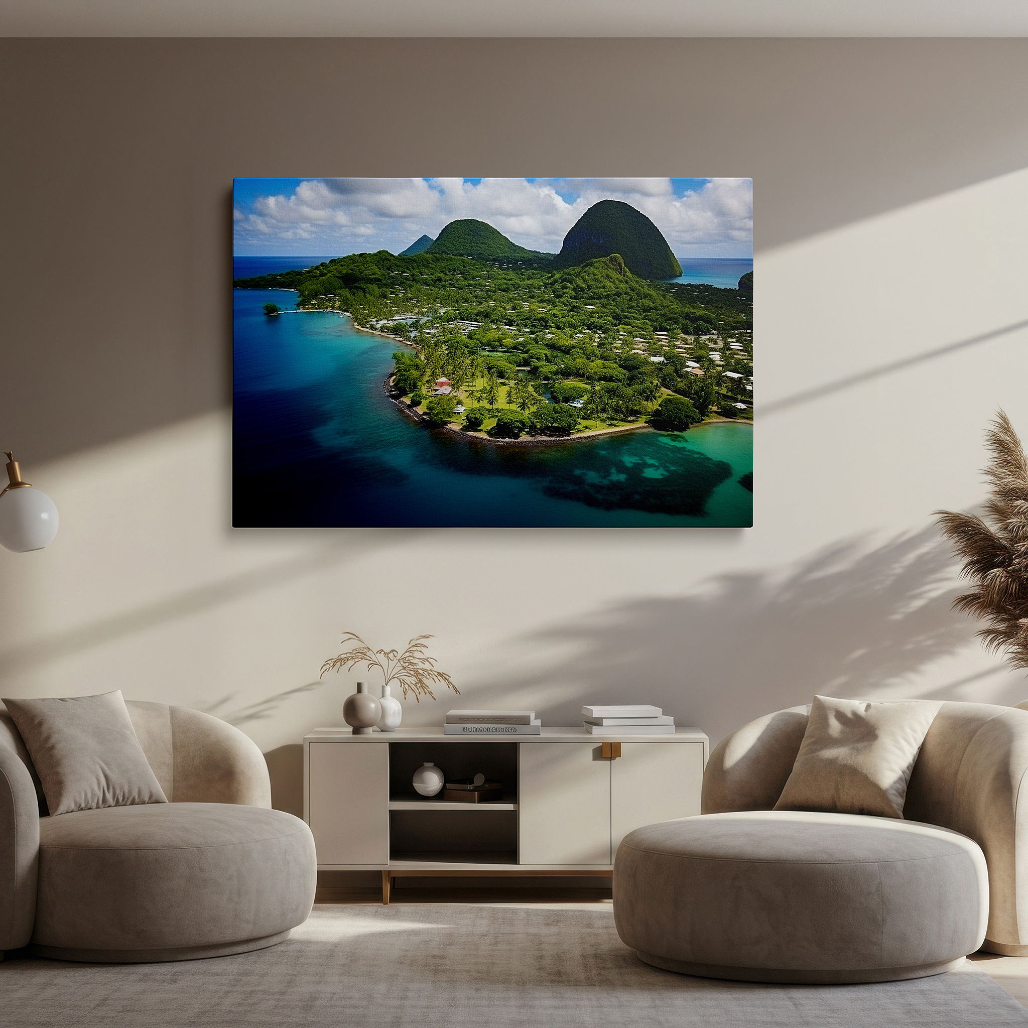 Bold and expansive at 90×60 cm — ideal for making a statement above large furniture — verdant isle aerial paradise large canvas wall art, perfect for office, bedroom, and living room decor