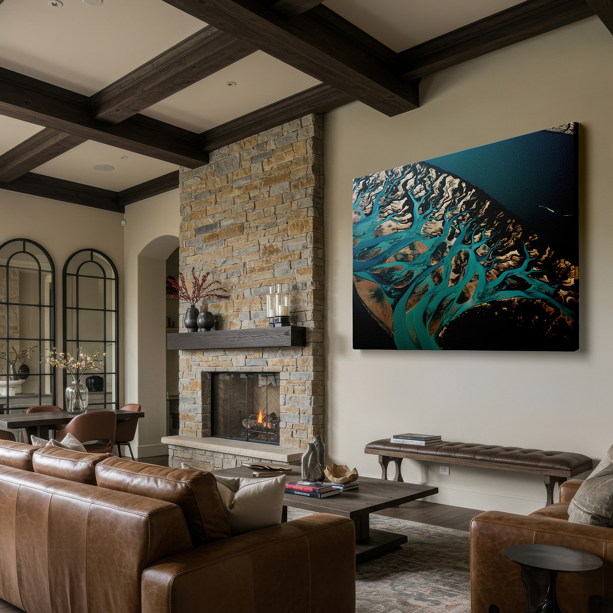 Bold and expansive at 90×60 cm — ideal for making a statement above large furniture — vibrant aerial river landscapes on expansive canvas, large wall decor for office