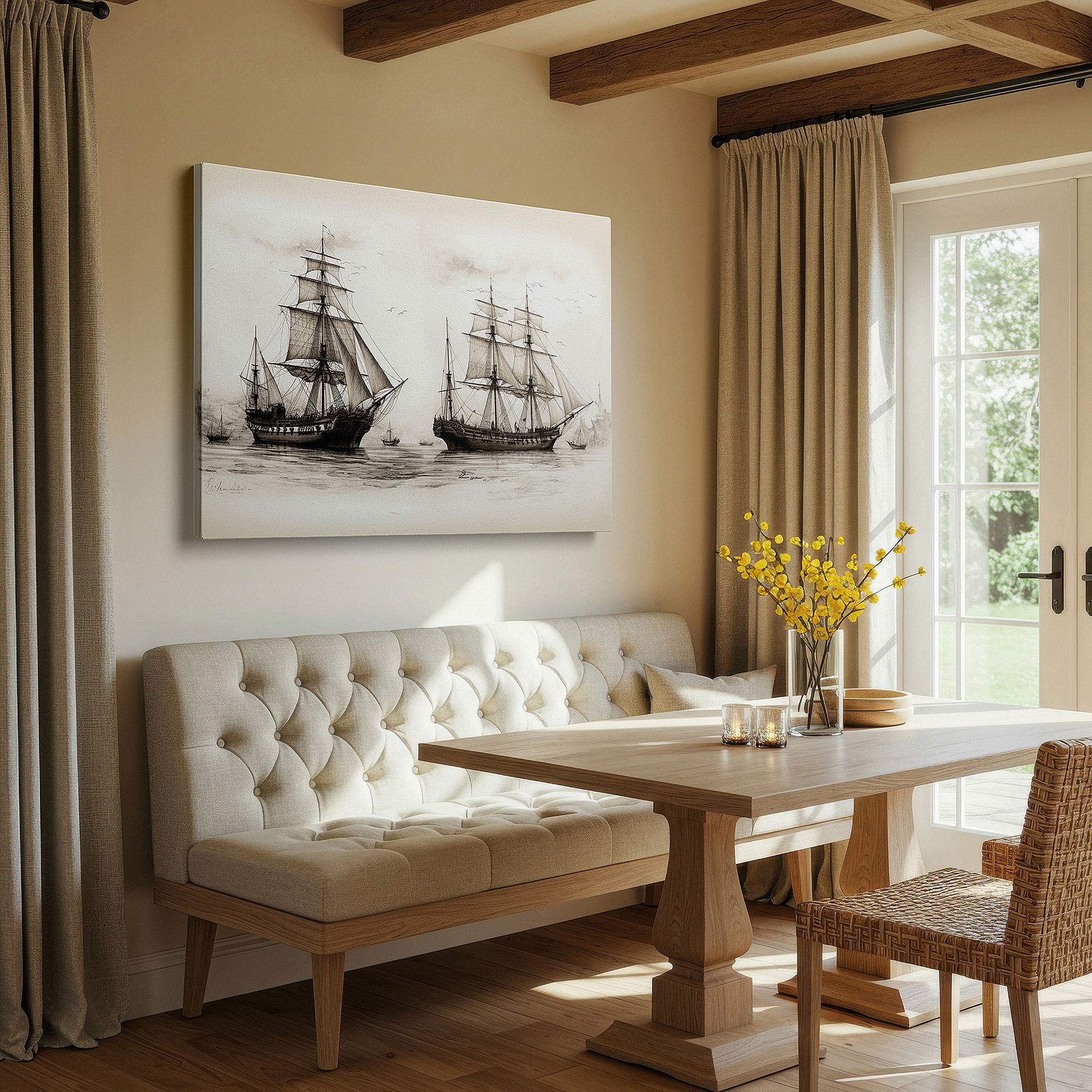 Bold and expansive at 90×60 cm — ideal for making a statement above large furniture — vintage sailing ships on tranquil waters under pastel skies wall art, large canvas decor for office and bedroom