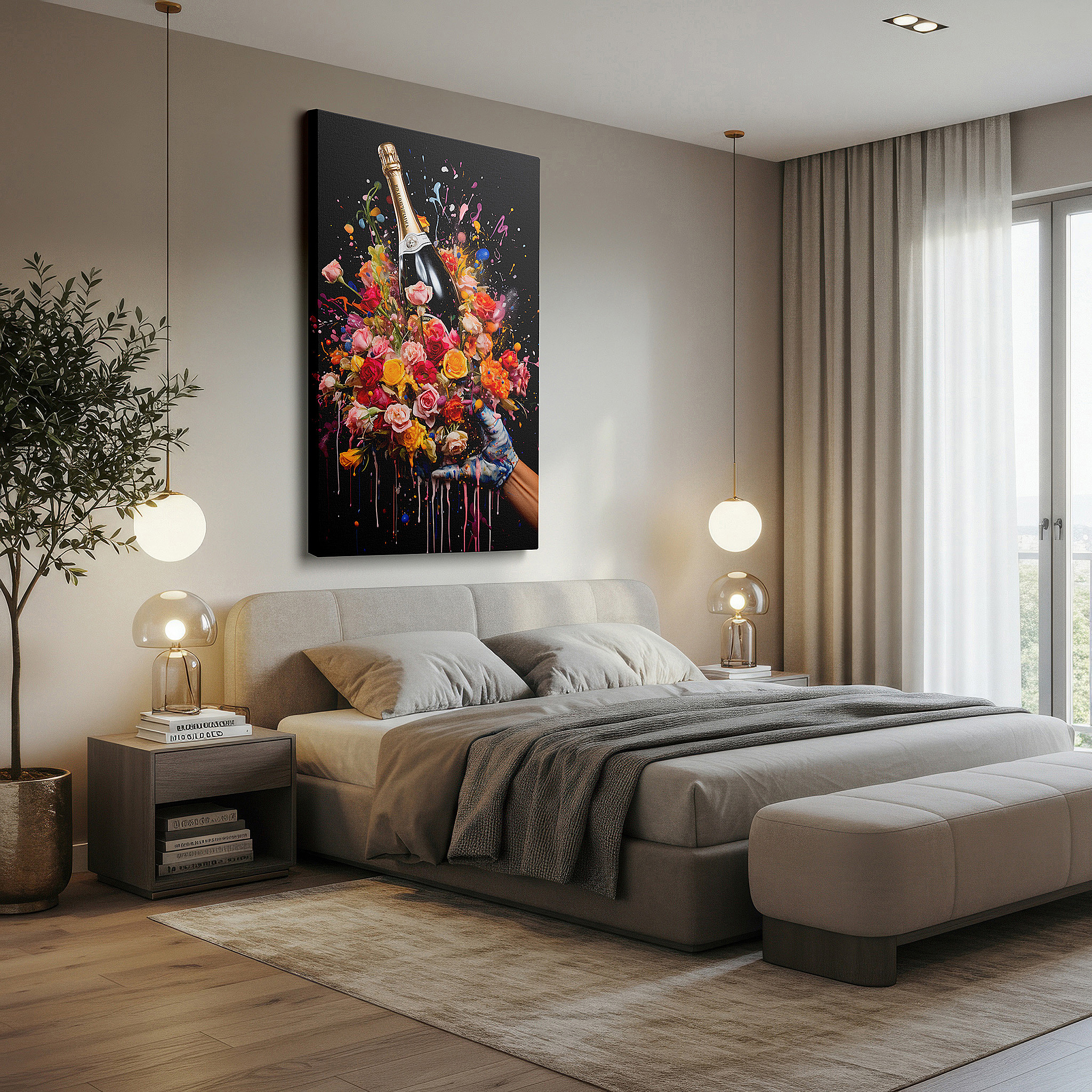 Bold and expansive at 90×60 cm — ideal for making a statement above large furniture — wall art: a celebration of life with champagne and vibrant bursts of joy and creativity - large canvas wall art for office and bedroom decor