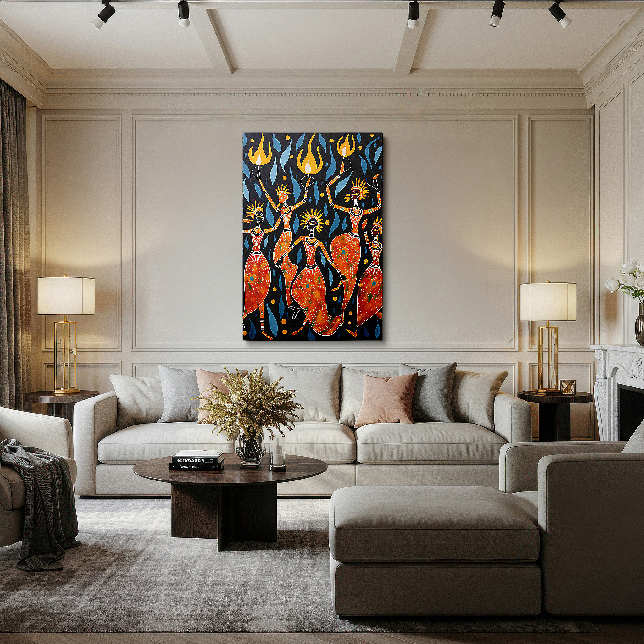 Bold and expansive at 90×60 cm — ideal for making a statement above large furniture — wall art: embracing unity and joy with cultural dance and vivid flames - large canvas art for home and office decor