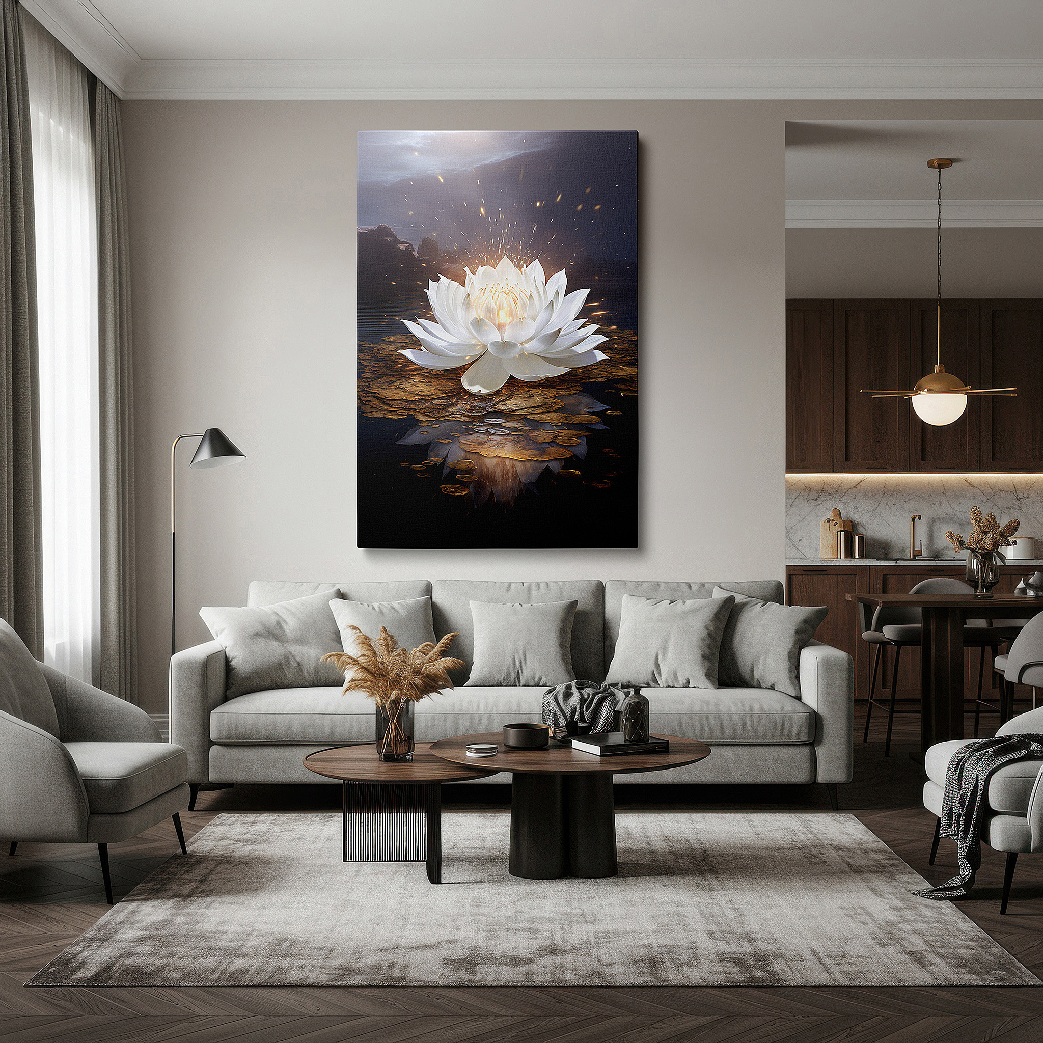 Bold and expansive at 90×60 cm — ideal for making a statement above large furniture — wall art: majestic white lotus symbolizing purity and enlightenment - large canvas wall art for office, bedroom, and living room decor