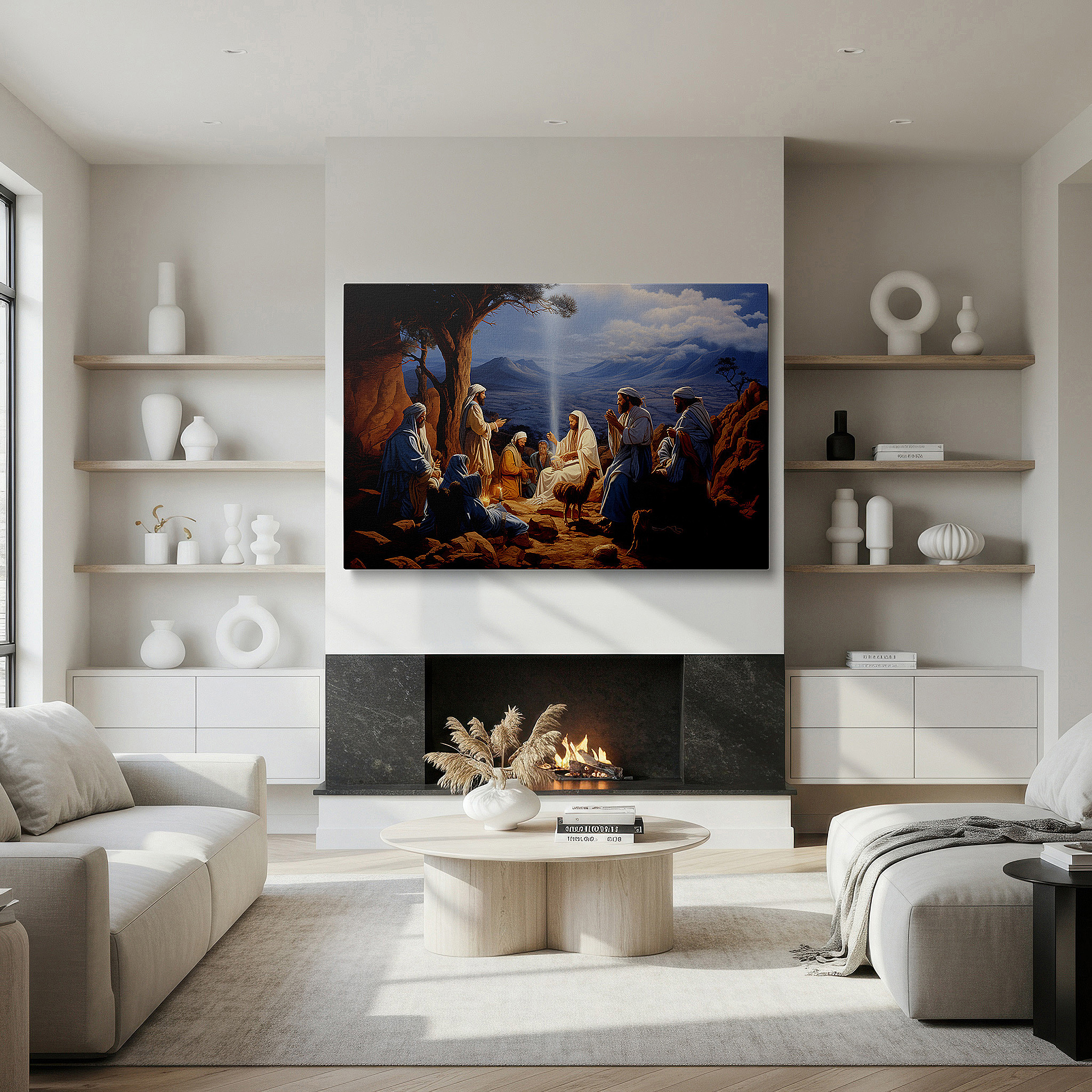 Bold and expansive at 90×60 cm — ideal for making a statement above large furniture — wall art: serene gathering around a wise figure, capturing a moment of spiritual awakening and collective harmony - large canvas wall art decor