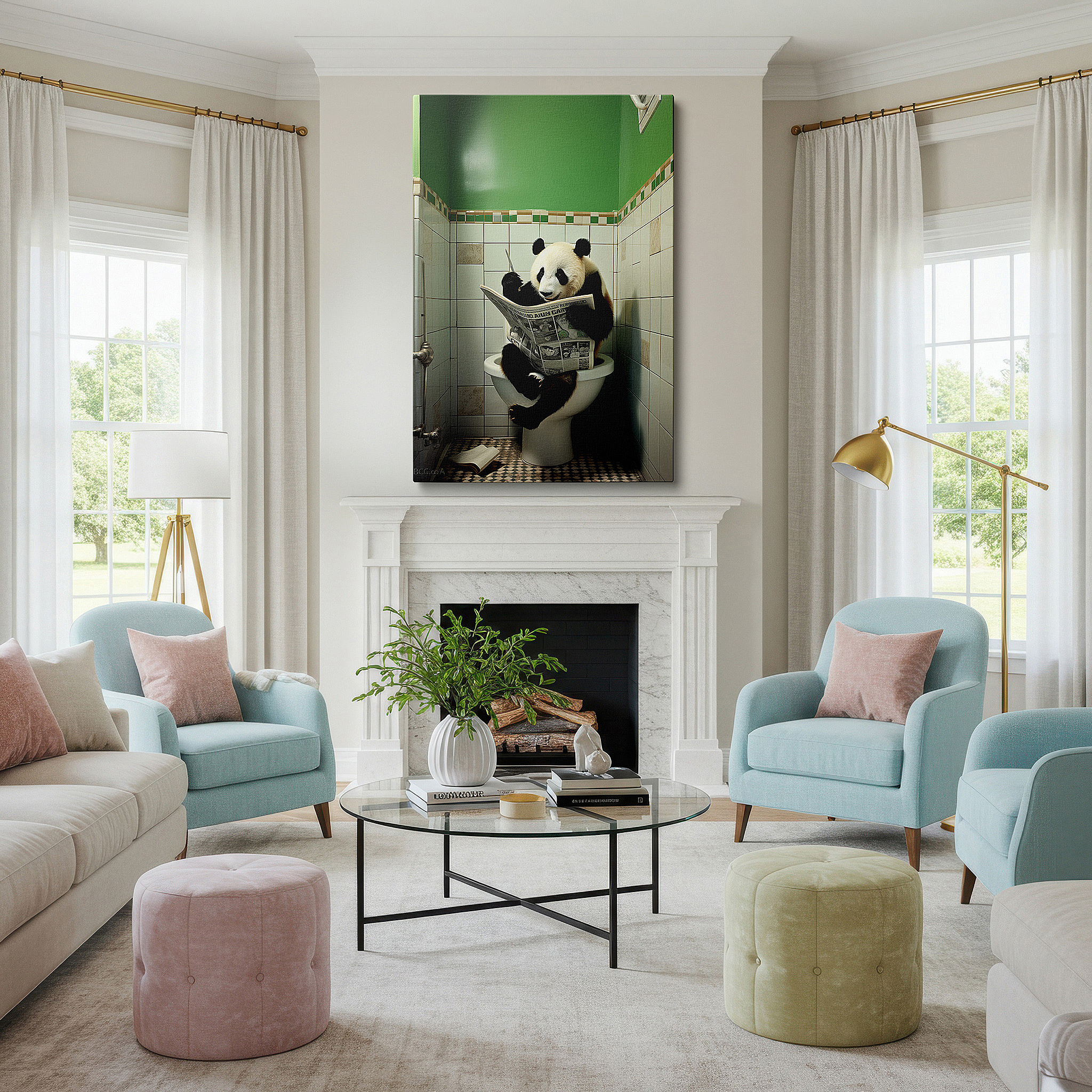 Bold and expansive at 90×60 cm — ideal for making a statement above large furniture — wall art: "serene panda's humorous retreat" - large canvas featuring a panda in a human-like pose for office, bedroom, or living room decor