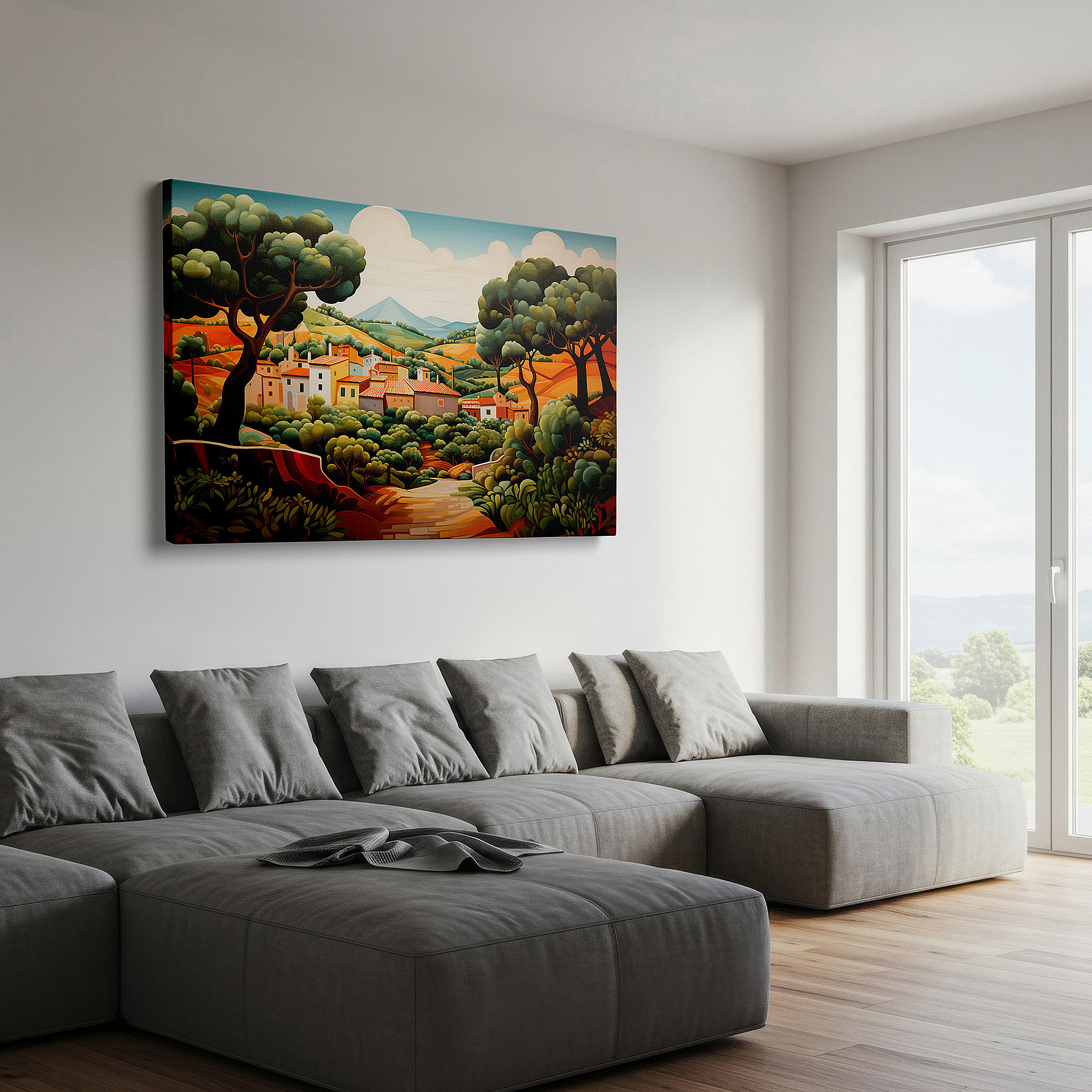 Bold and expansive at 90×60 cm — ideal for making a statement above large furniture — wall art: serene village surrounded by gentle hills, a lively display of countryside appeal and natural balance - large canvas wall art for home and office decor