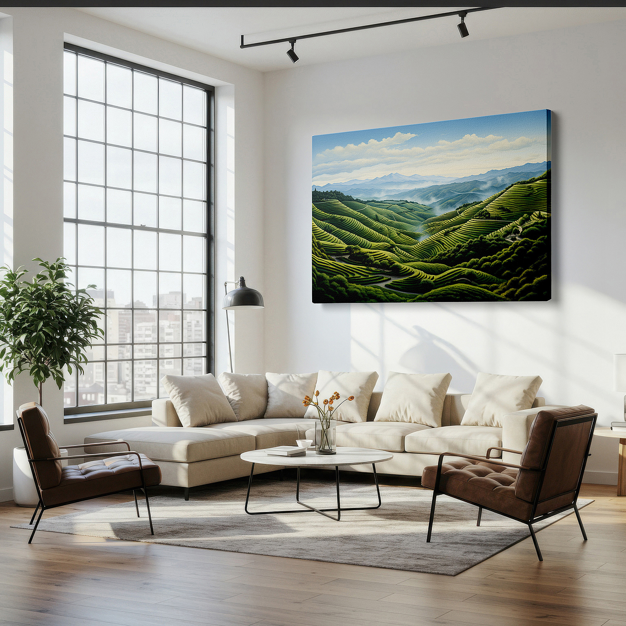 Bold and expansive at 90×60 cm — ideal for making a statement above large furniture — wall art: tranquil countryside scene with verdant terraces and grand mountains - large canvas wall art for home and office decor, perfect for living room and bedroom