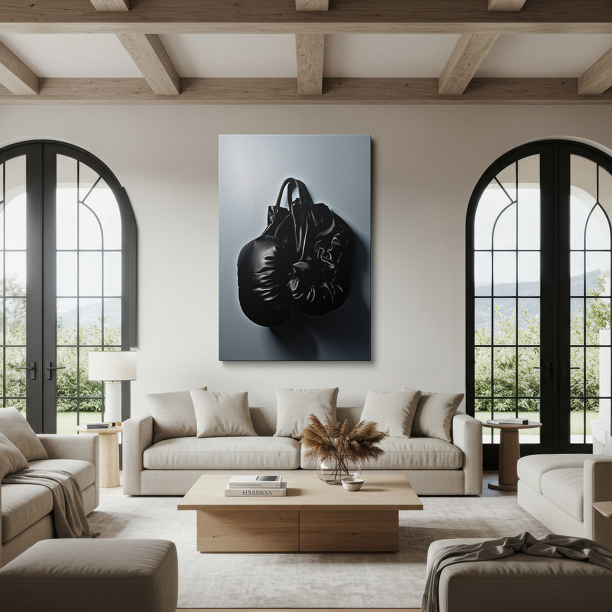 Bold and expansive at 90×60 cm — ideal for making a statement above large furniture — wall decor: stylish black leather bag transformed into boxing gloves - a blend of fashion and artistry. ideal for living room, office, or bedroom.