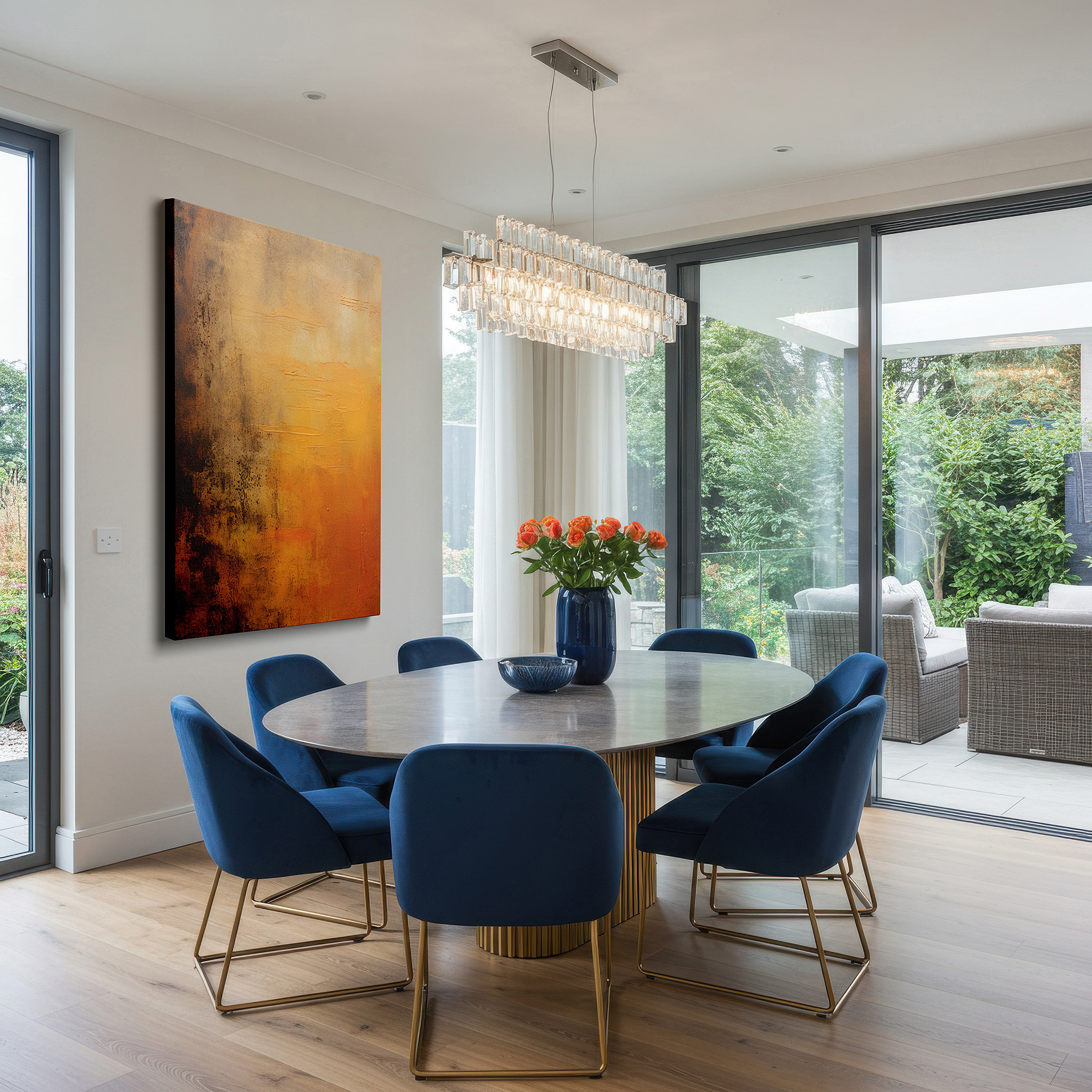 Bold and expansive at 90×60 cm — ideal for making a statement above large furniture — warm orange and cool brown tones on textured canvas, large wall art for office or bedroom decor