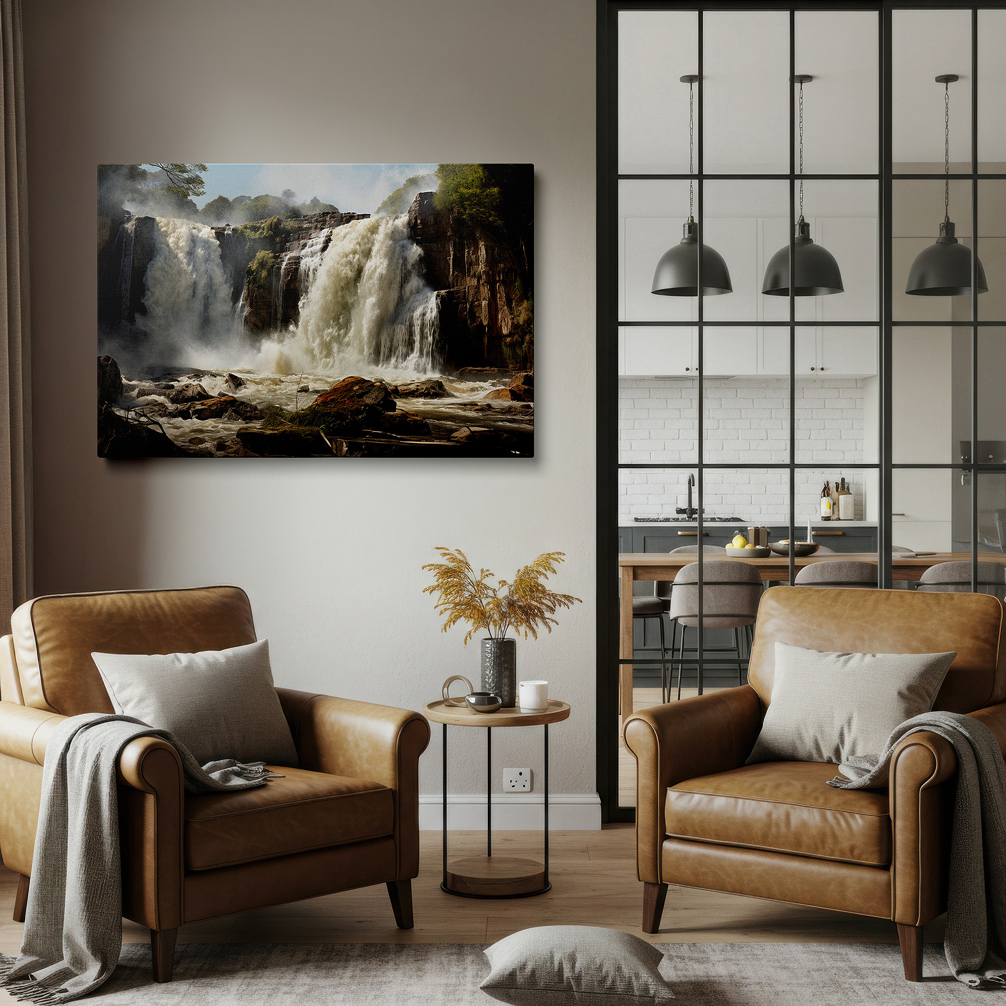 Bold and expansive at 90×60 cm — ideal for making a statement above large furniture — waterfall cascade surrounded by verdant foliage, dynamic and peaceful nature landscape, large wall art, canvas wall art, wall decor for office and bedroom
