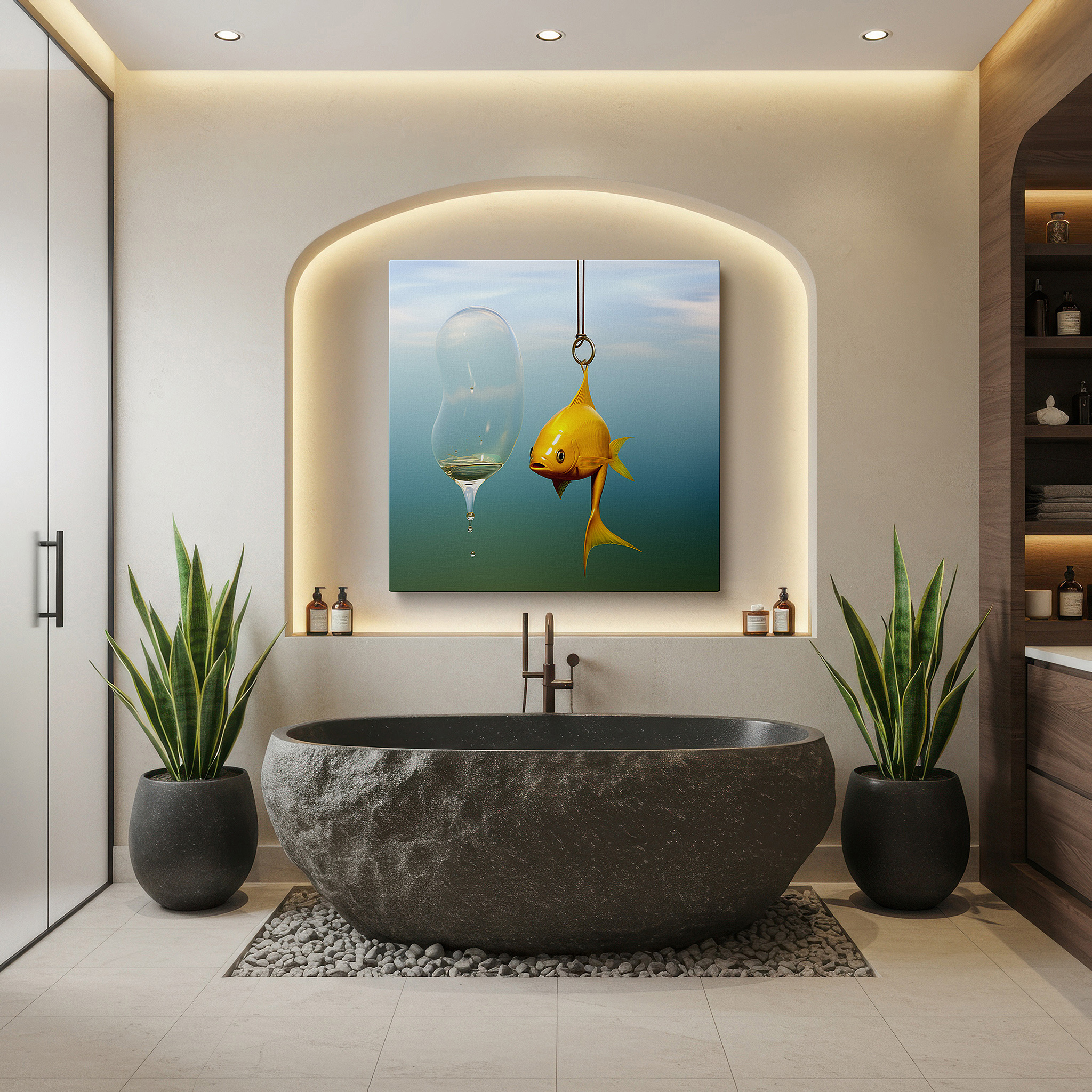 Bold and expansive at 90×60 cm — ideal for making a statement above large furniture — whimsical yellow fish and elegant wine glass dance in surreal harmony: large canvas wall art for office and bedroom decor