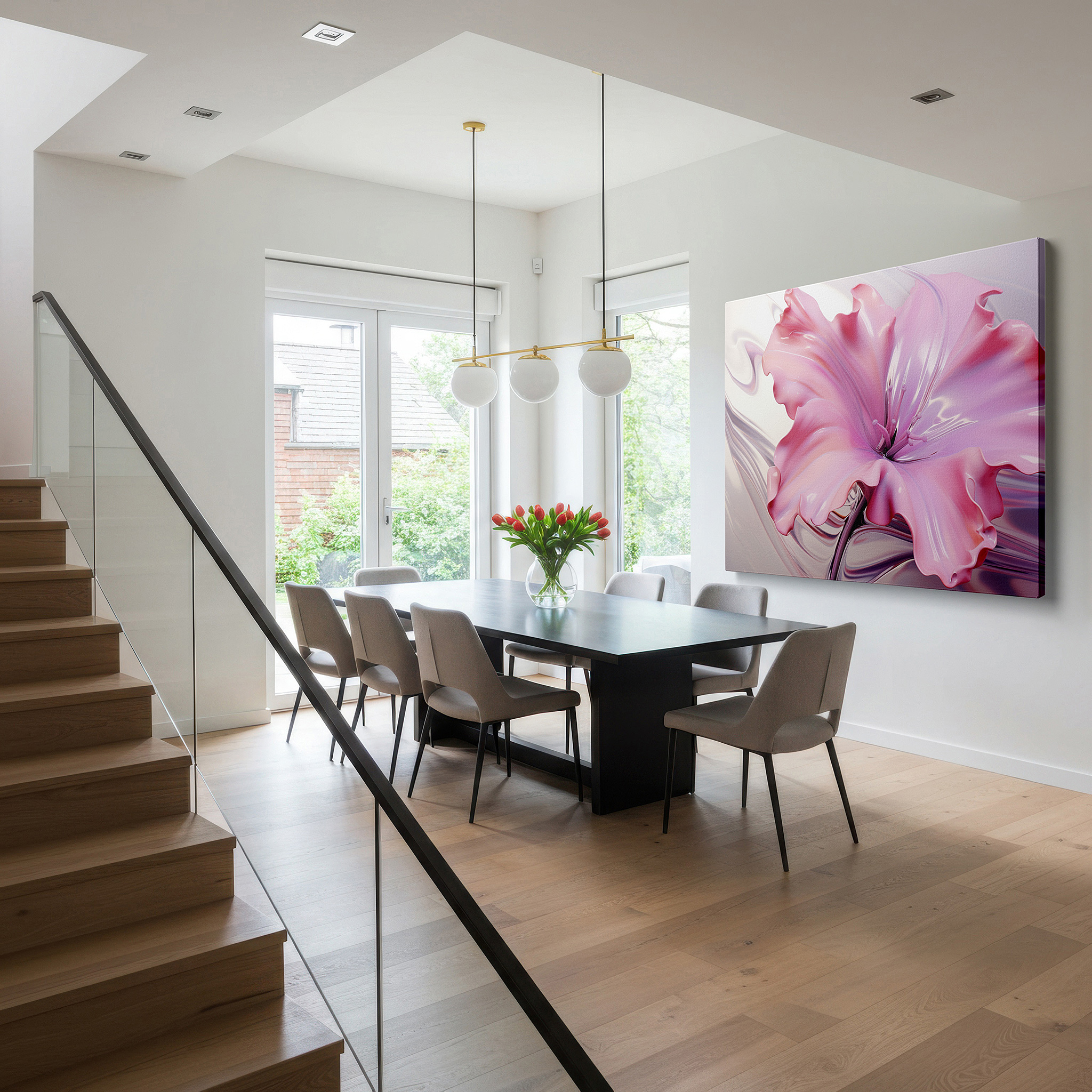 Close-up shows rich pigment, color blending, and brushwork texture — 3d pink flower sculpture masterpiece, vibrant nature-inspired glossy finish for modern interiors, large canvas wall art decor