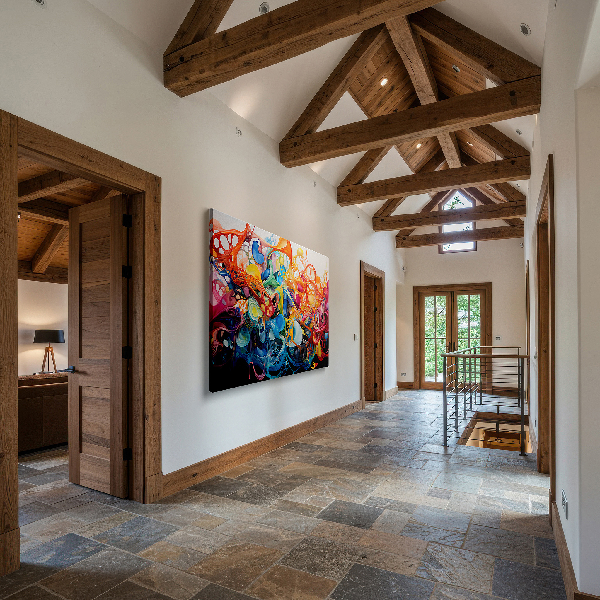 Close-up shows rich pigment, color blending, and brushwork texture — abstract expressionist symphony of colors, large wall art depicting human emotions with electric blues, fiery reds, and radiant yellows