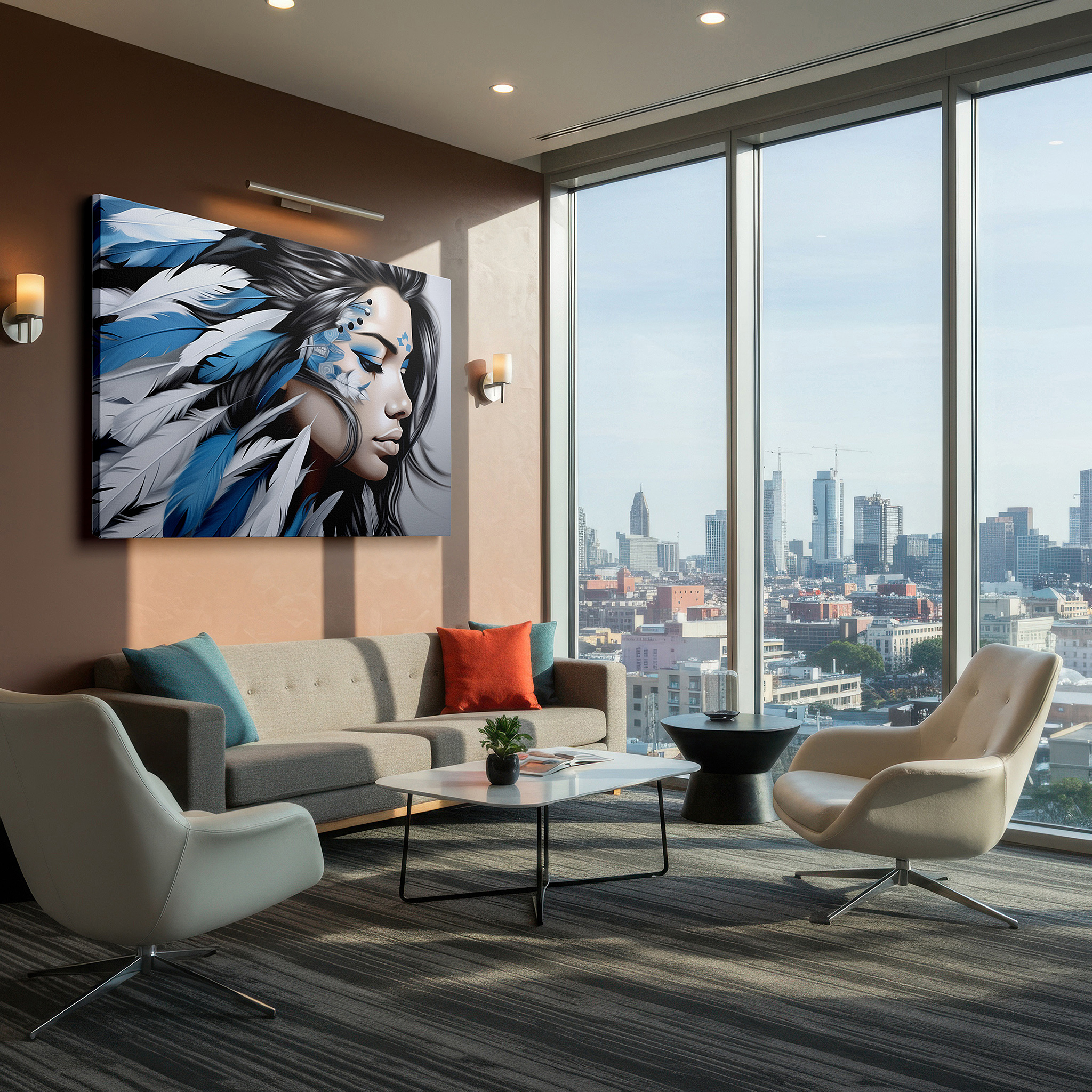 Close-up shows rich pigment, color blending, and brushwork texture — blue and white serene elegance feathered headdress large canvas wall art for office, bedroom, and living room decor
