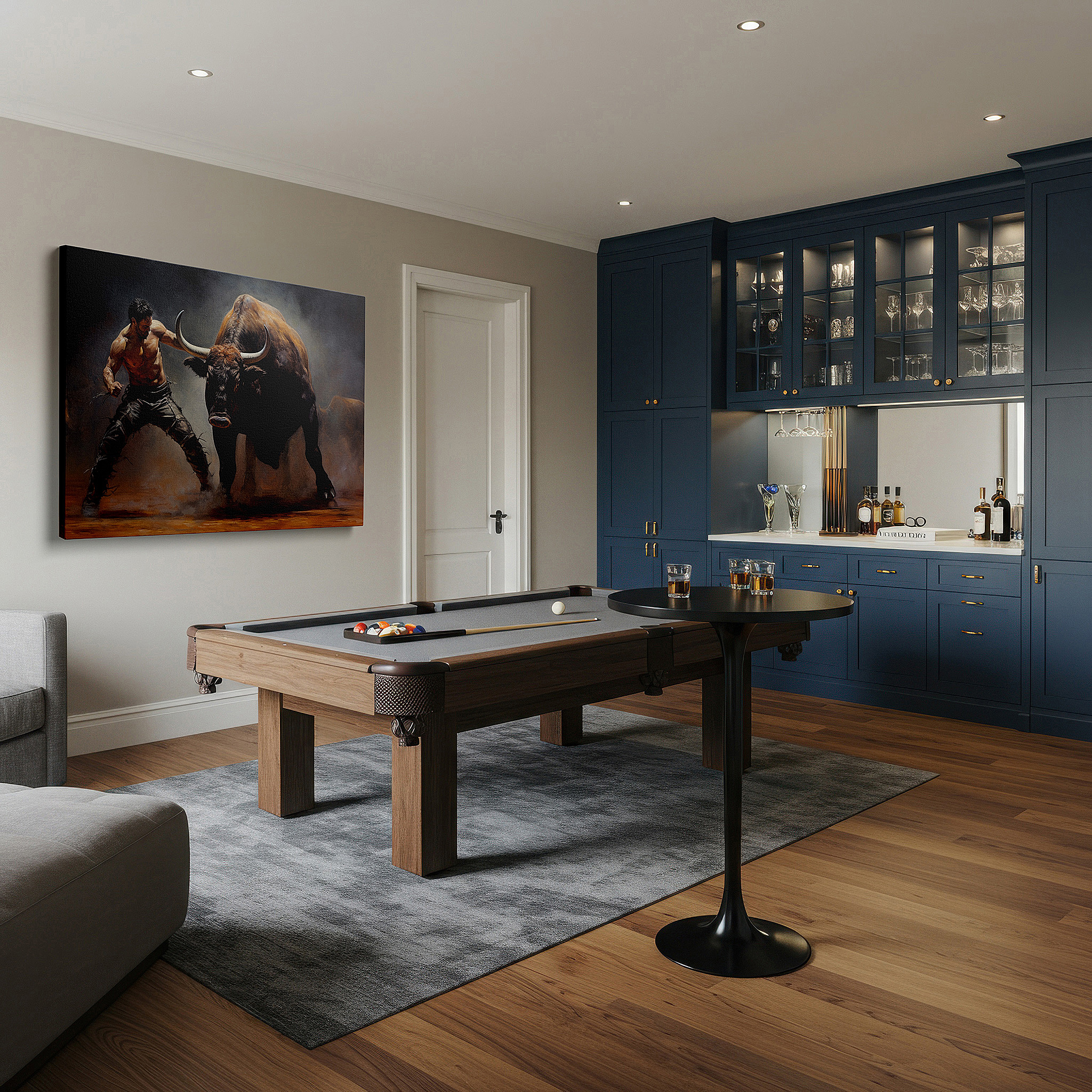 Close-up shows rich pigment, color blending, and brushwork texture — bull and man engage in a powerful dance of bravery in a sunlit arena - large canvas wall art for office decor