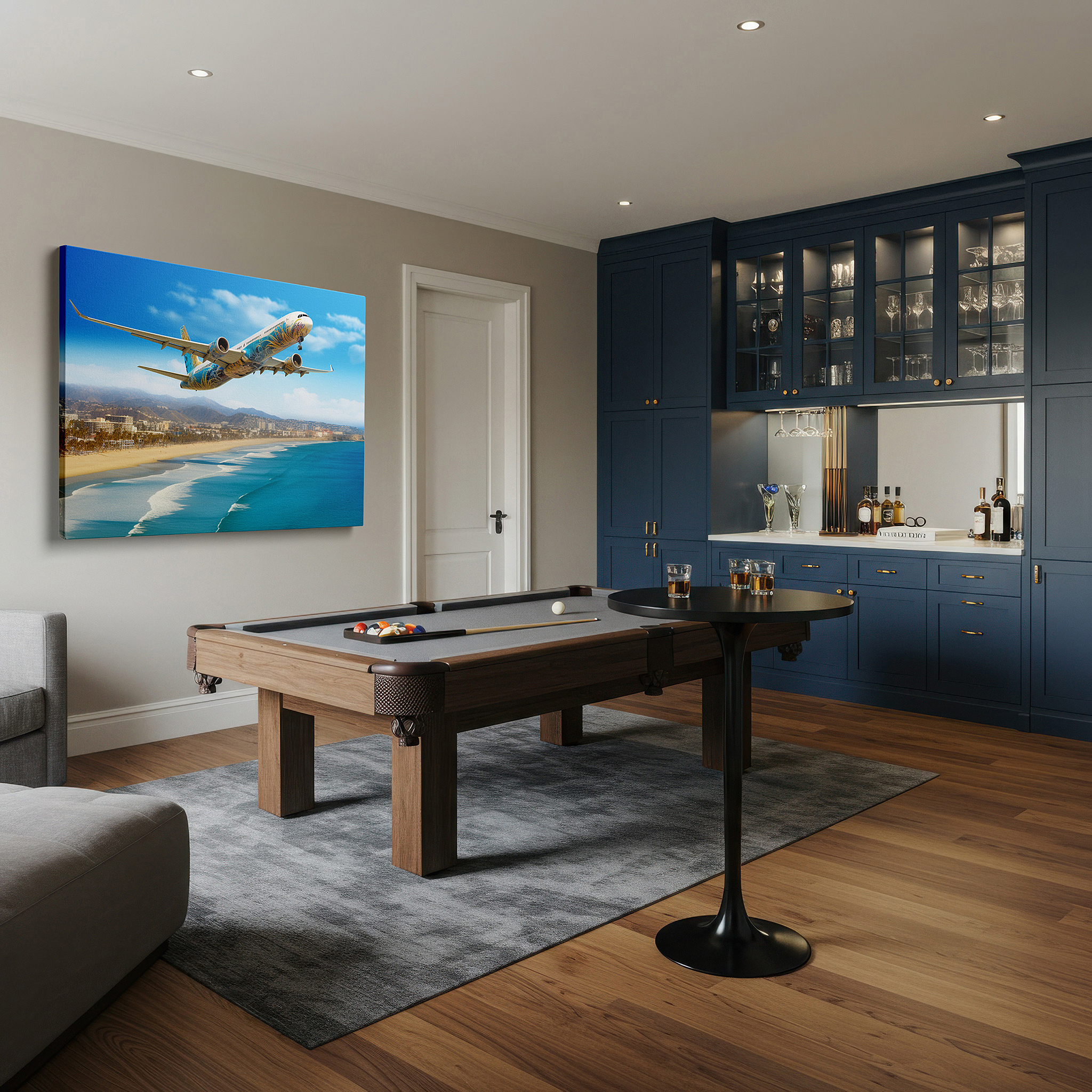 Close-up shows rich pigment, color blending, and brushwork texture — coastal vista with soaring airplane canvas: inspiring adventure and serenity for office and bedroom wall decor