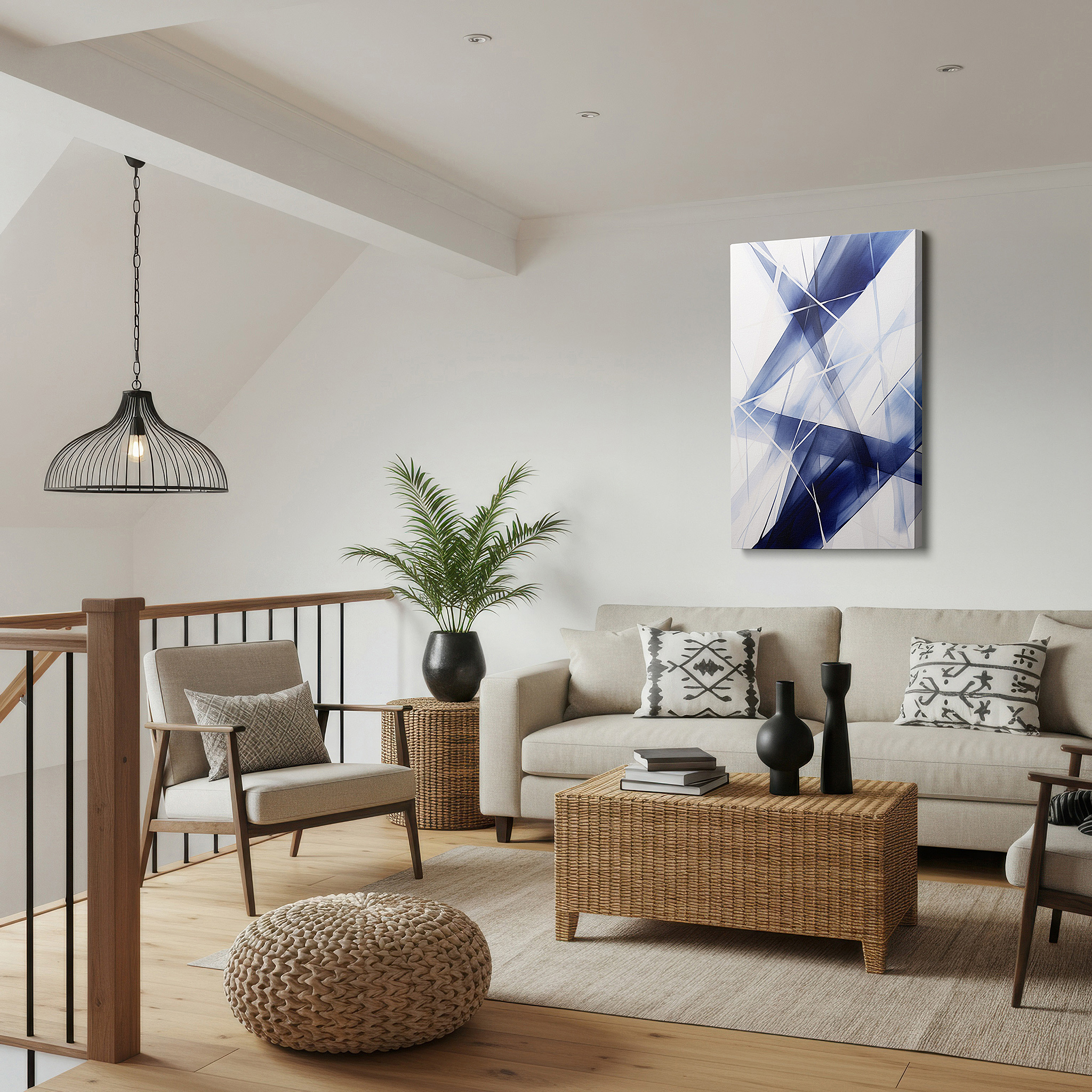 Close-up shows rich pigment, color blending, and brushwork texture — dynamic blue and white symphony: abstract energy and movement large wall art, canvas wall art, wall decor for office and bedroom