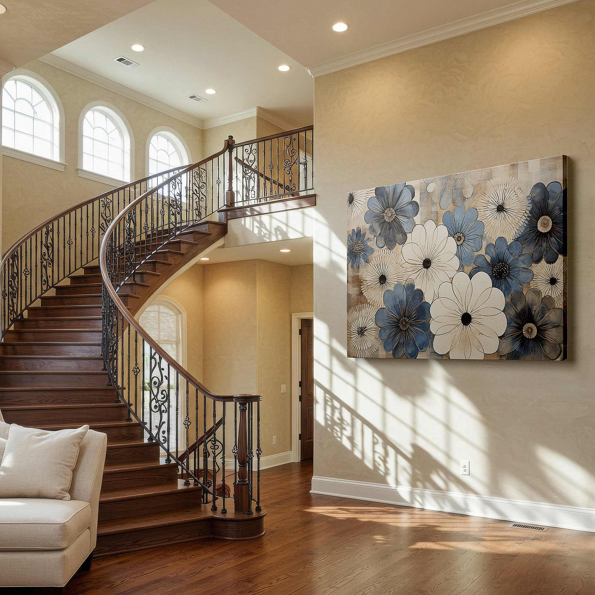 Close-up shows rich pigment, color blending, and brushwork texture — elegant stylized blue and white floral design on a vibrant warm background - large canvas wall art for office decor