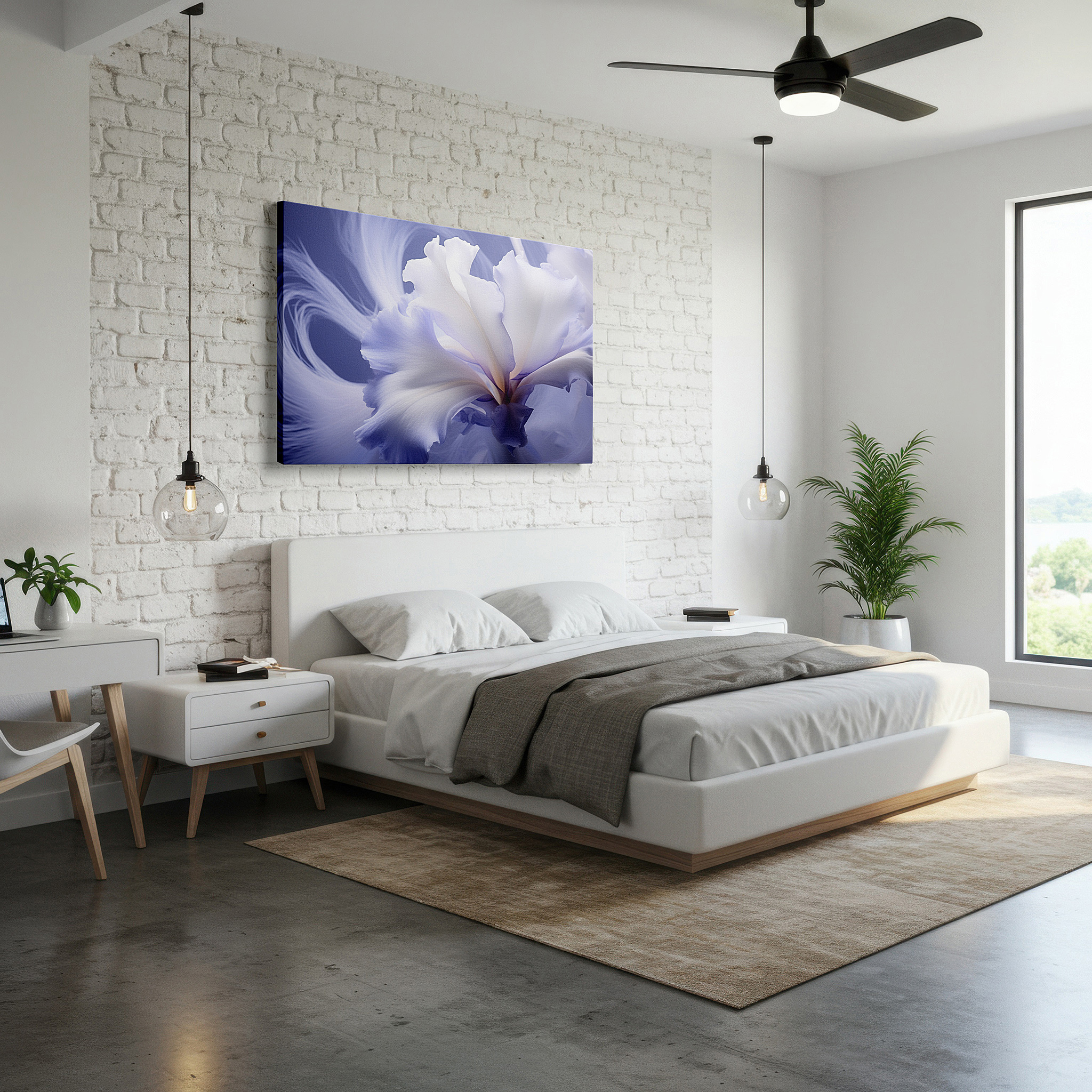 Close-up shows rich pigment, color blending, and brushwork texture — ethereal light purple iris wall art for the office: a tranquil masterpiece of subtle beauty - large canvas wall decor