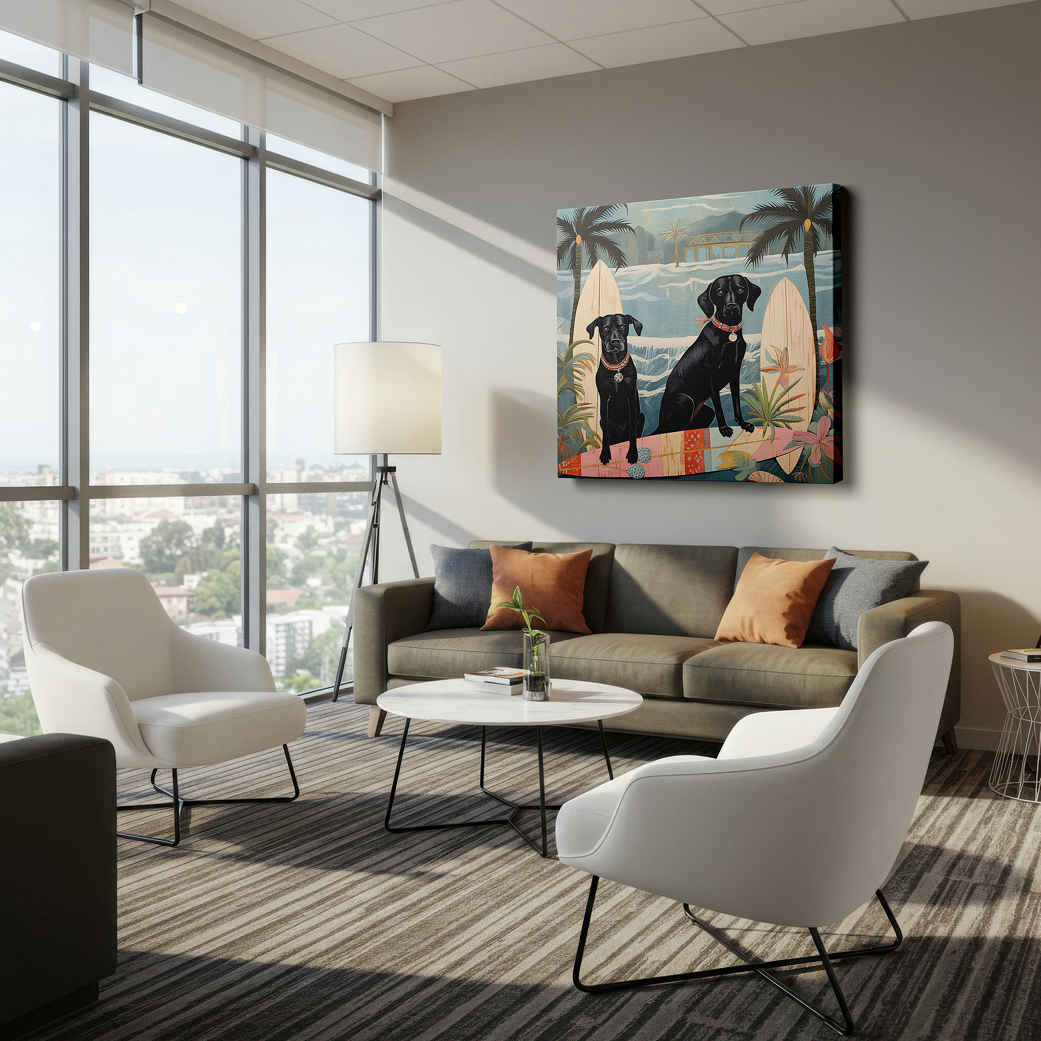 Close-up shows rich pigment, color blending, and brushwork texture — golden retriever and bulldog surfing in tropical paradise large canvas wall art for office and bedroom decor
