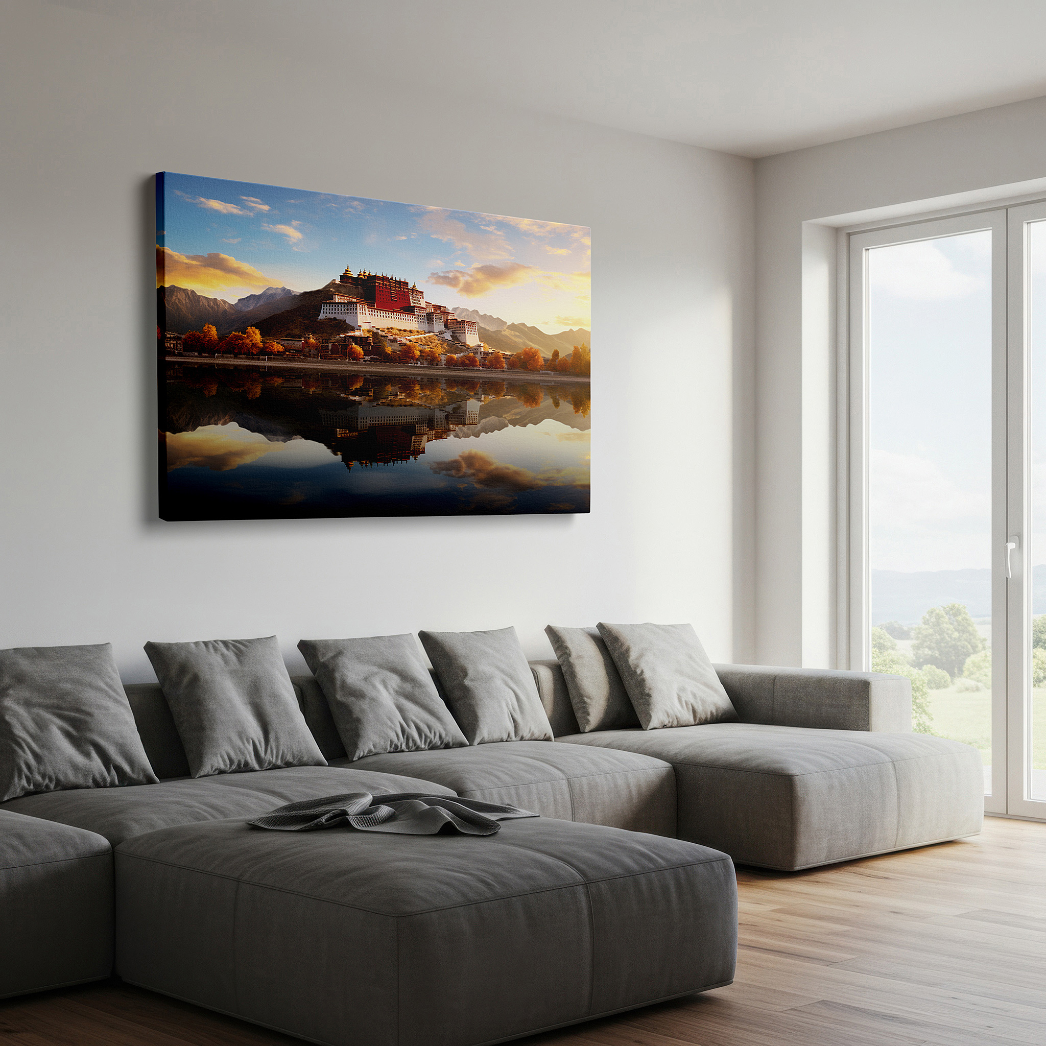 Close-up shows rich pigment, color blending, and brushwork texture — golden sunset at potala palace - serene reflection of tibetan architectural grandeur, large canvas wall art for home and office decor