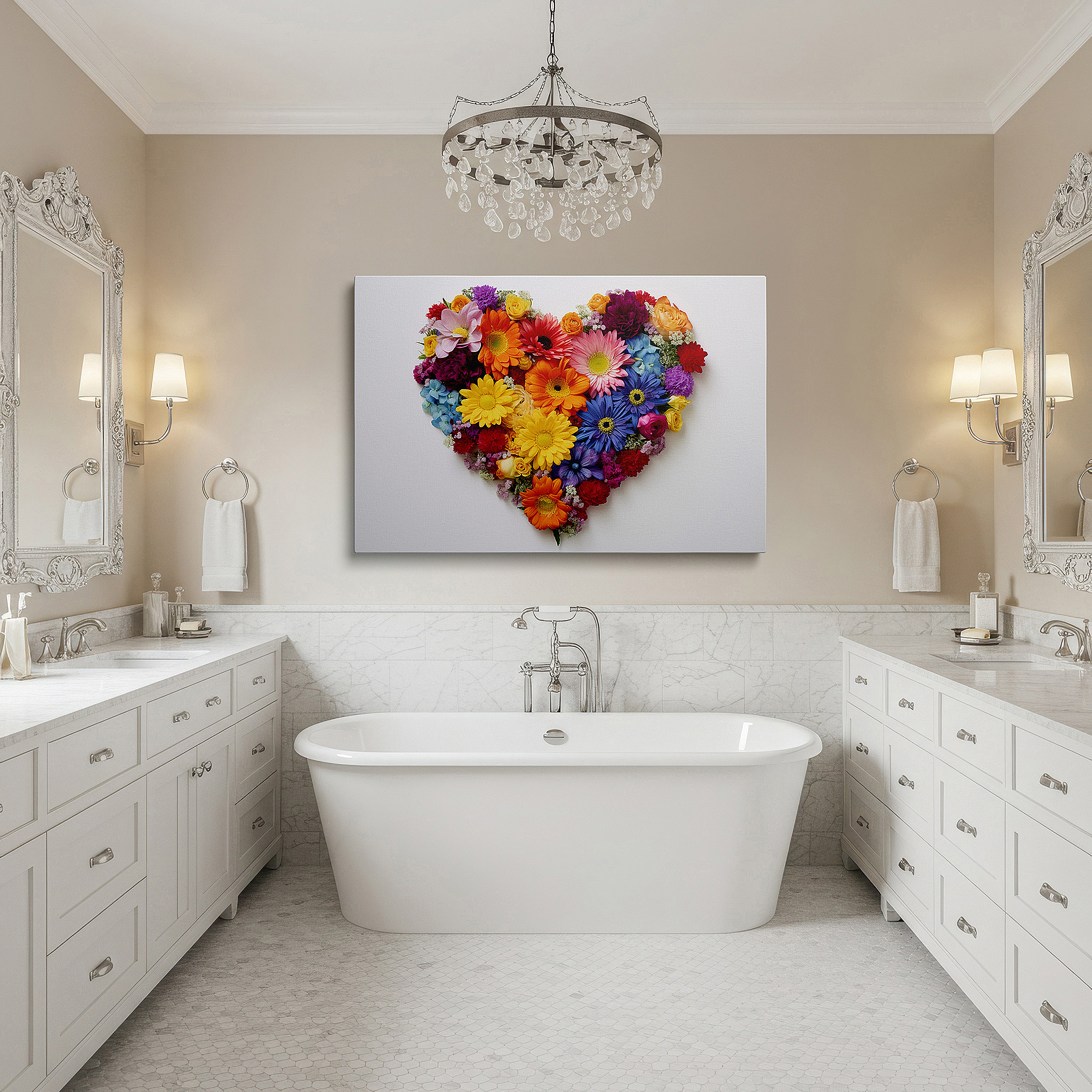 Close-up shows rich pigment, color blending, and brushwork texture — heart-shaped floral symphony wall art featuring roses, daisies, and lilies - celebrating love and nature, ideal for home or office decor, available as large canvas wall art