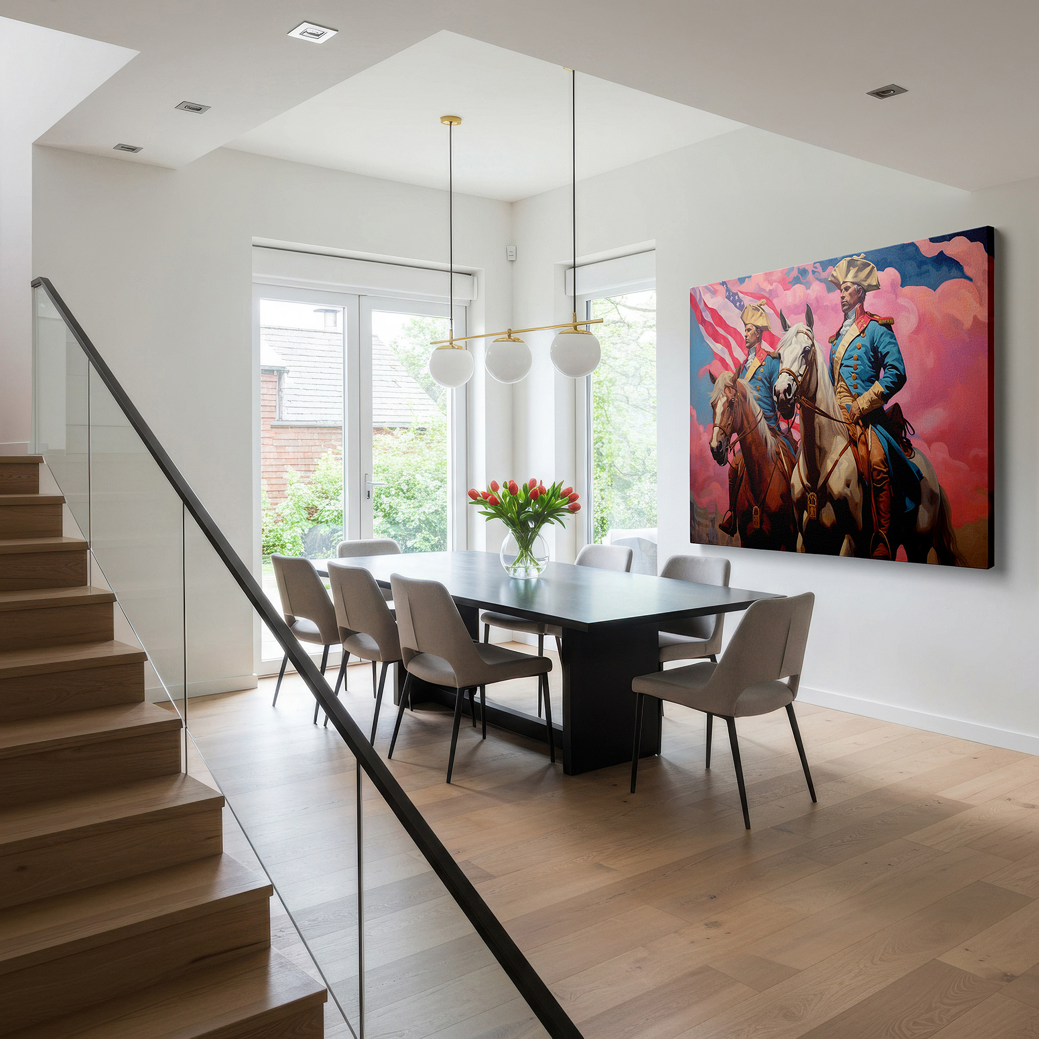 Close-up shows rich pigment, color blending, and brushwork texture — historical leaders on horseback at dawn: a representation of leadership and valor - large canvas wall art for office and bedroom decor