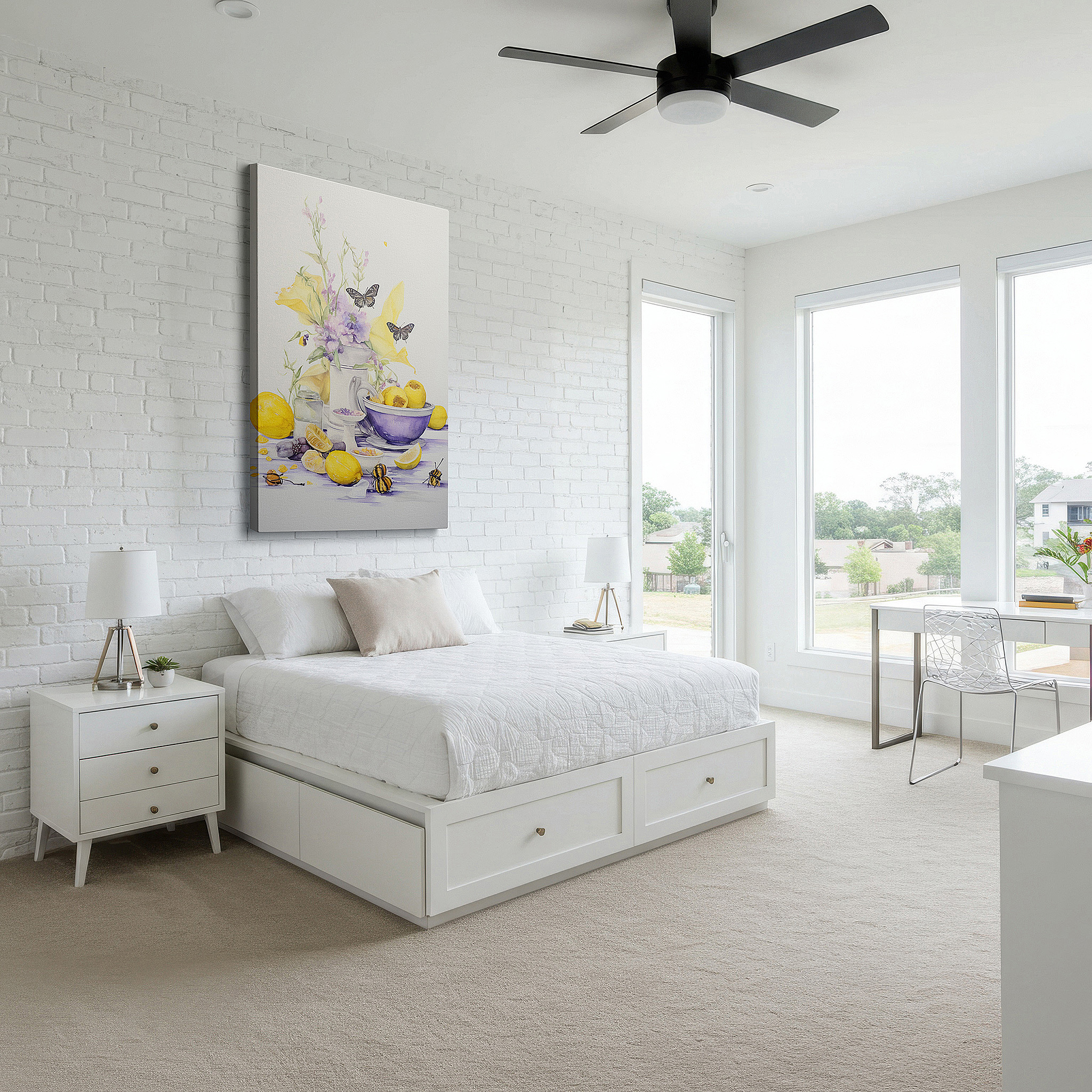 Close-up shows rich pigment, color blending, and brushwork texture — lemon and butterfly serenity large wall art, canvas decor for office and bedroom