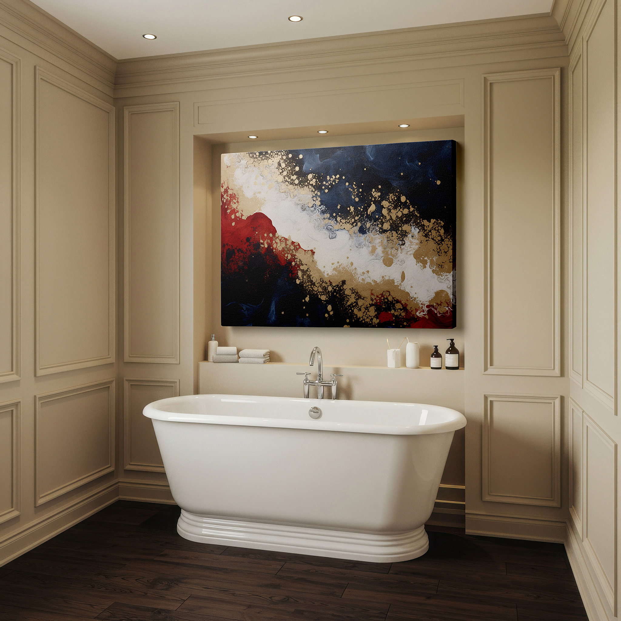 Close-up shows rich pigment, color blending, and brushwork texture — luxurious gold, mysterious deep blue, and vibrant red abstract canvas: inspiring and illuminating large wall art, canvas wall decor