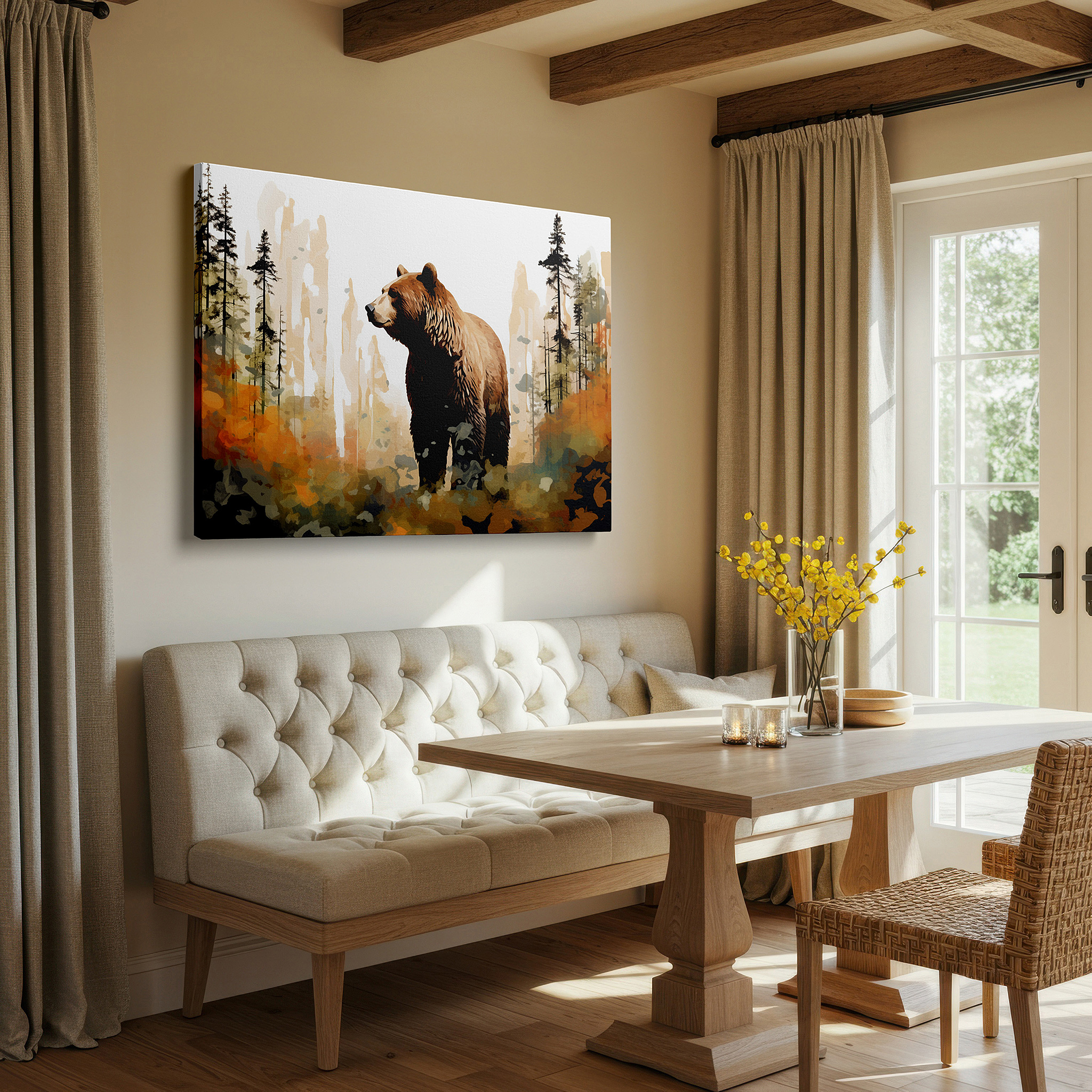 Close-up shows rich pigment, color blending, and brushwork texture — majestic bear in lush wilderness: a blend of realistic and abstract aesthetics - large canvas wall art for home and office decor