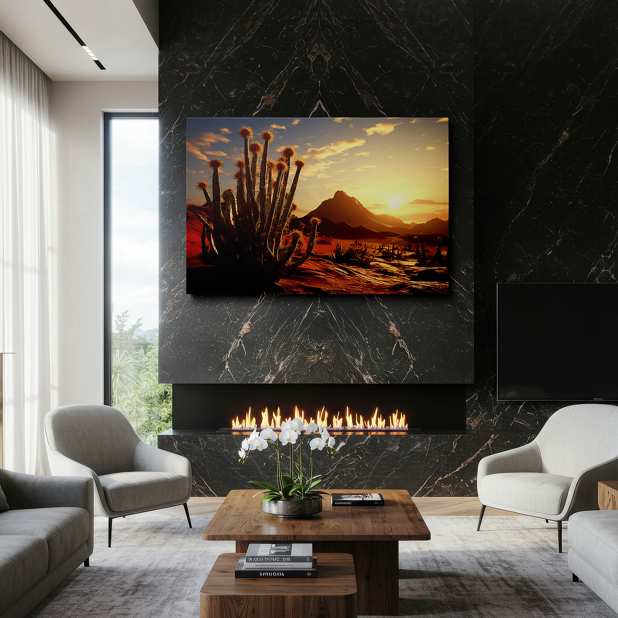 Close-up shows rich pigment, color blending, and brushwork texture — majestic cacti silhouetted against a vibrant sunset in the desert - large canvas wall art for office and bedroom decor