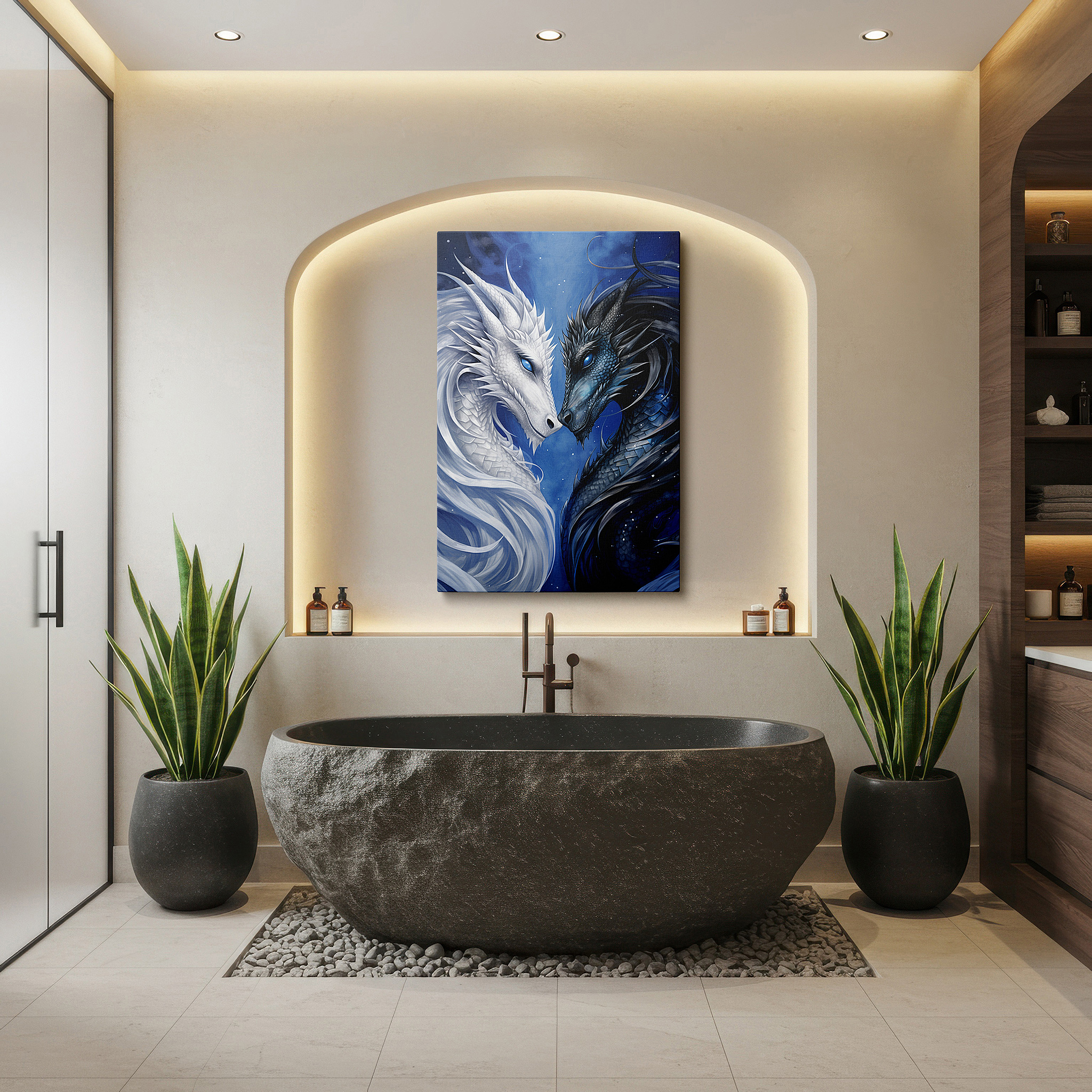 Close-up shows rich pigment, color blending, and brushwork texture — majestic dragons in celestial dance: the eternal struggle of good vs. evil - large canvas wall art for office and bedroom decor