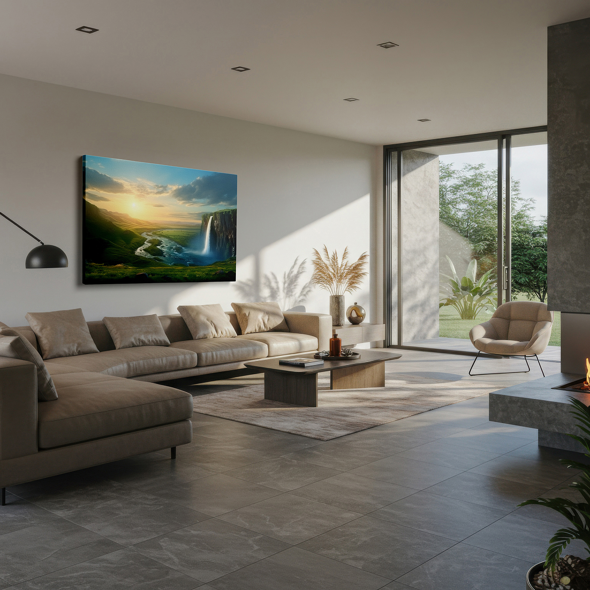 Close-up shows rich pigment, color blending, and brushwork texture — majestic waterfall and peaceful river in a lush valley large wall art, canvas wall art, wall decor for office, bedroom, and living room