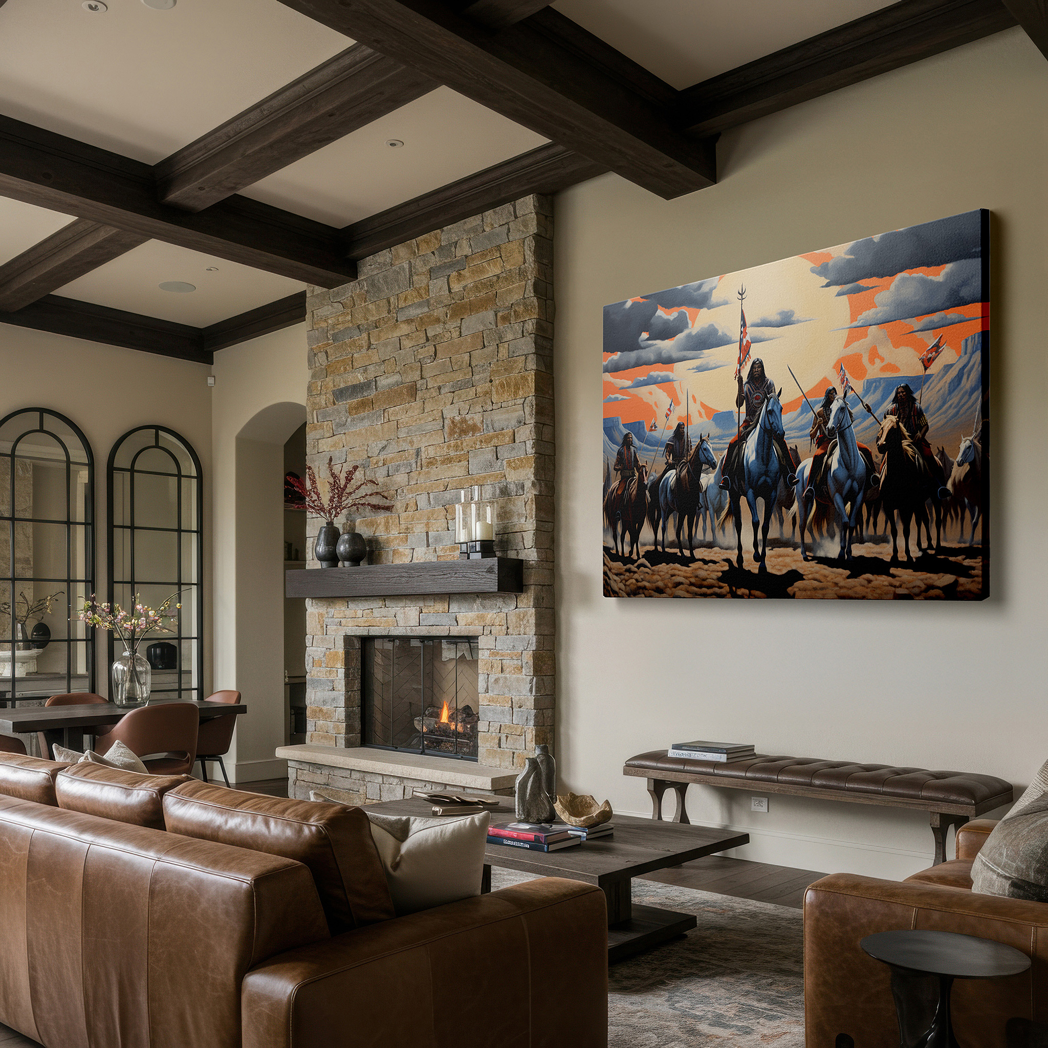 Close-up shows rich pigment, color blending, and brushwork texture — native american warriors riding horses at sunset, representing strength and unity, large canvas wall art for home and office decor