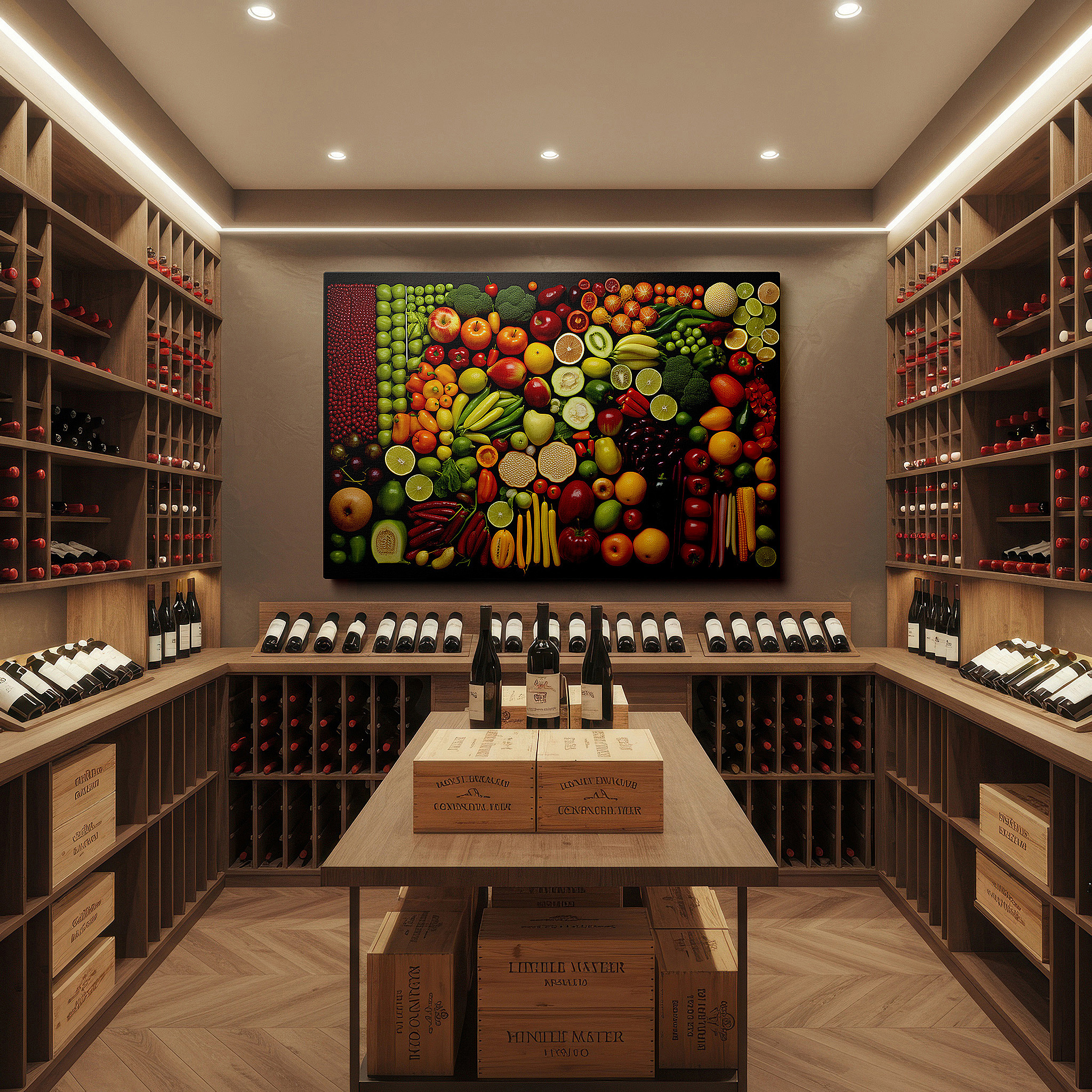 Close-up shows rich pigment, color blending, and brushwork texture — nature's bounty celebration: vibrant fruits and vegetables large wall art, canvas decor for office and bedroom